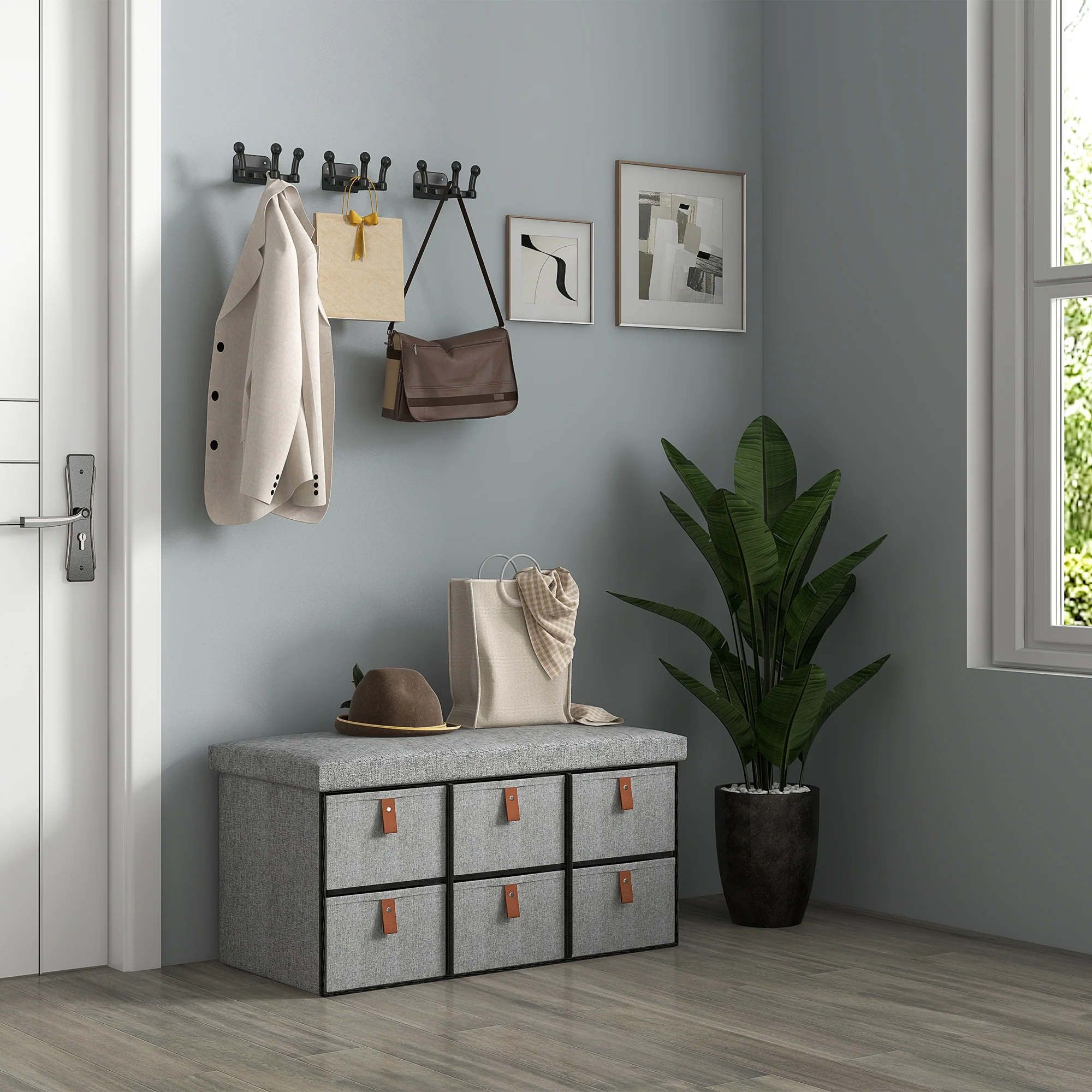 Shoe Storage Bench with Cushion and 6 Fabric Drawers for Entryway, Hallway, Light Grey - Image 9
