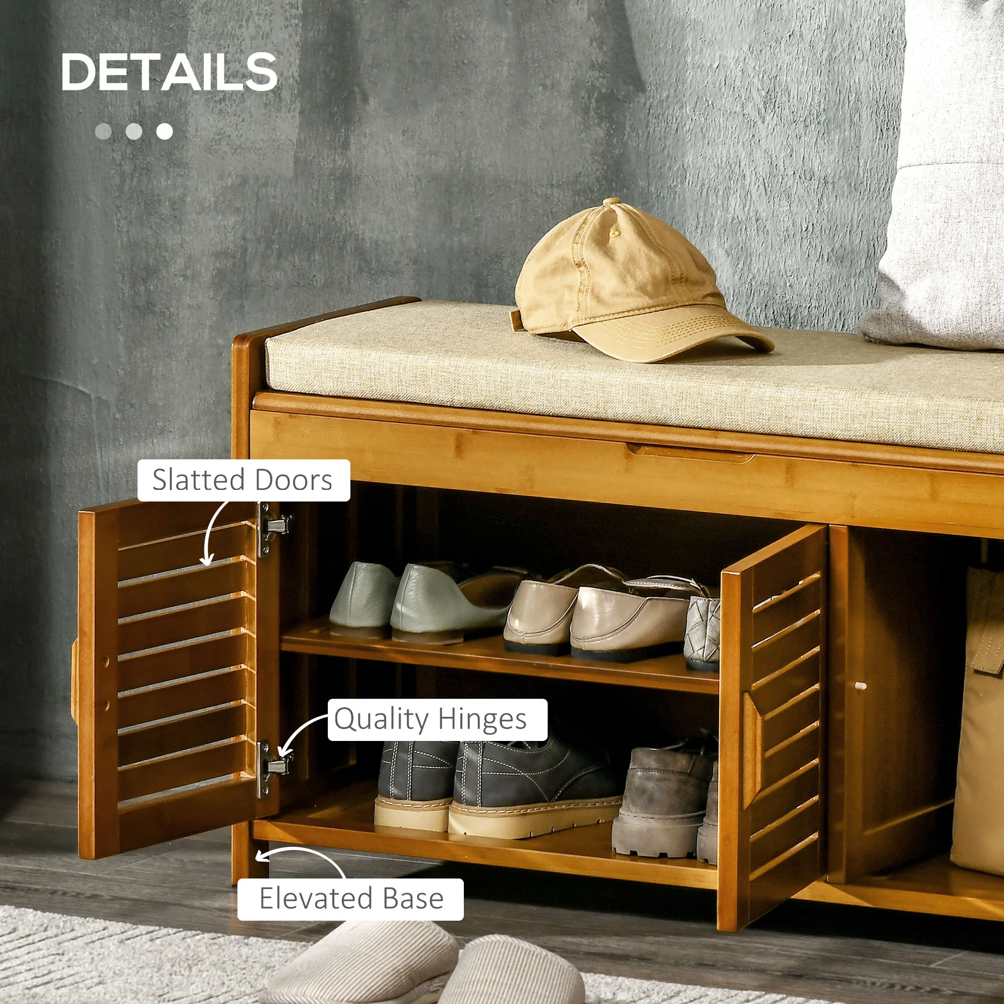 Shoe Bench with Storage Cabinets Bamboo Entryway Bench with Cushion 3 Doors, Brown - Image 9