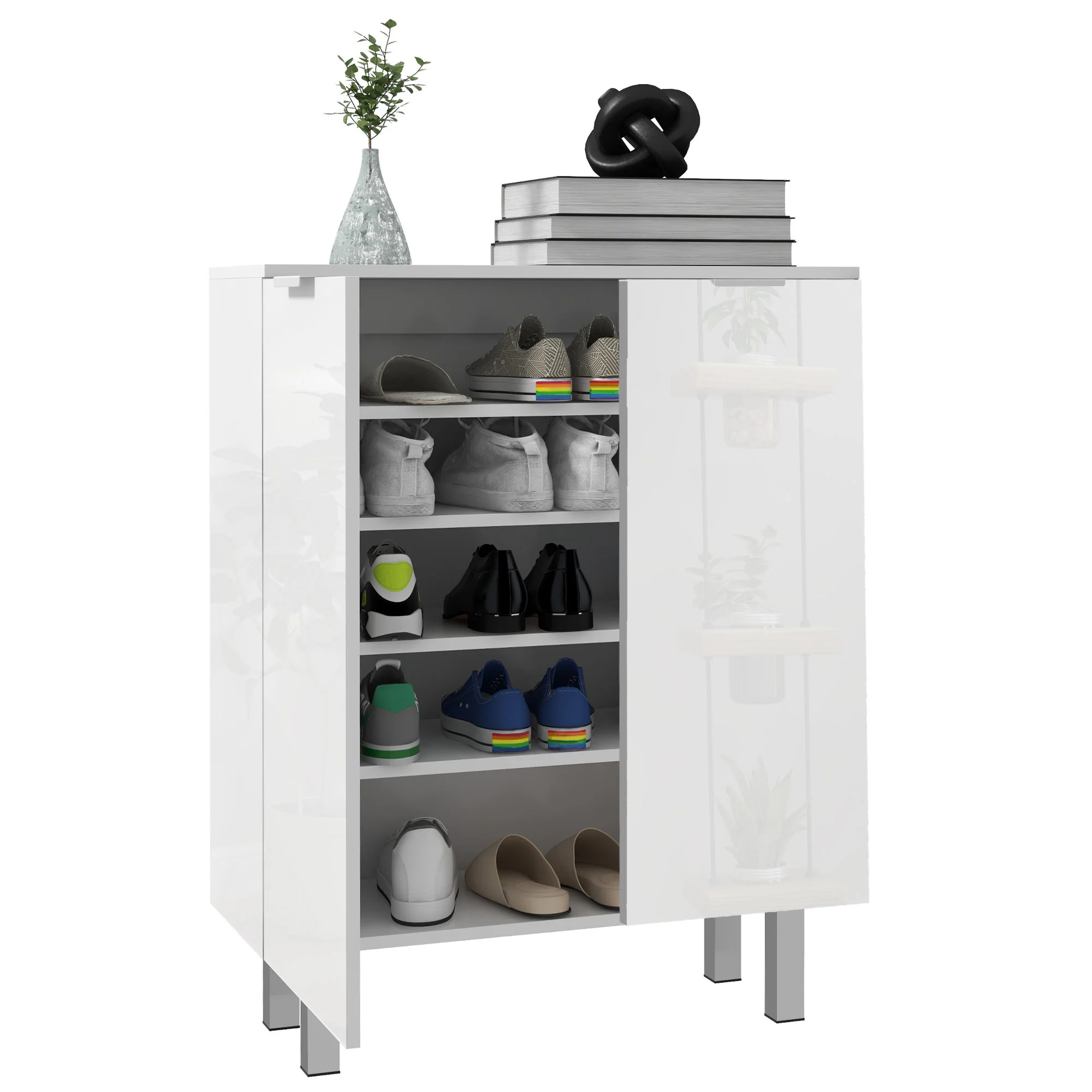 Compact Shoe Cabinet with Adjustable Shelves for 15-20 Pairs of Shoes, High Gloss White