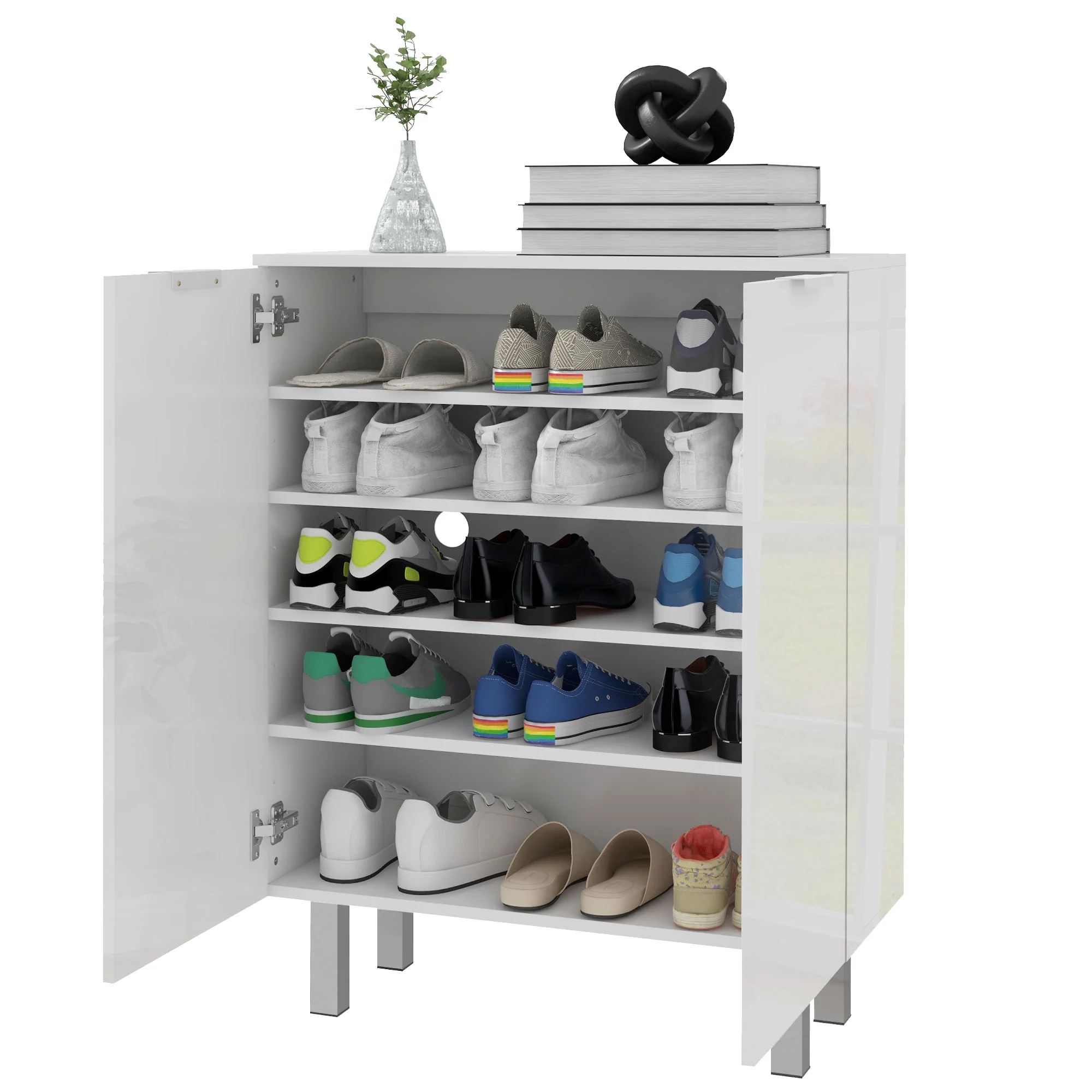 Compact Shoe Cabinet with Adjustable Shelves for 15-20 Pairs of Shoes, High Gloss White - Image 2