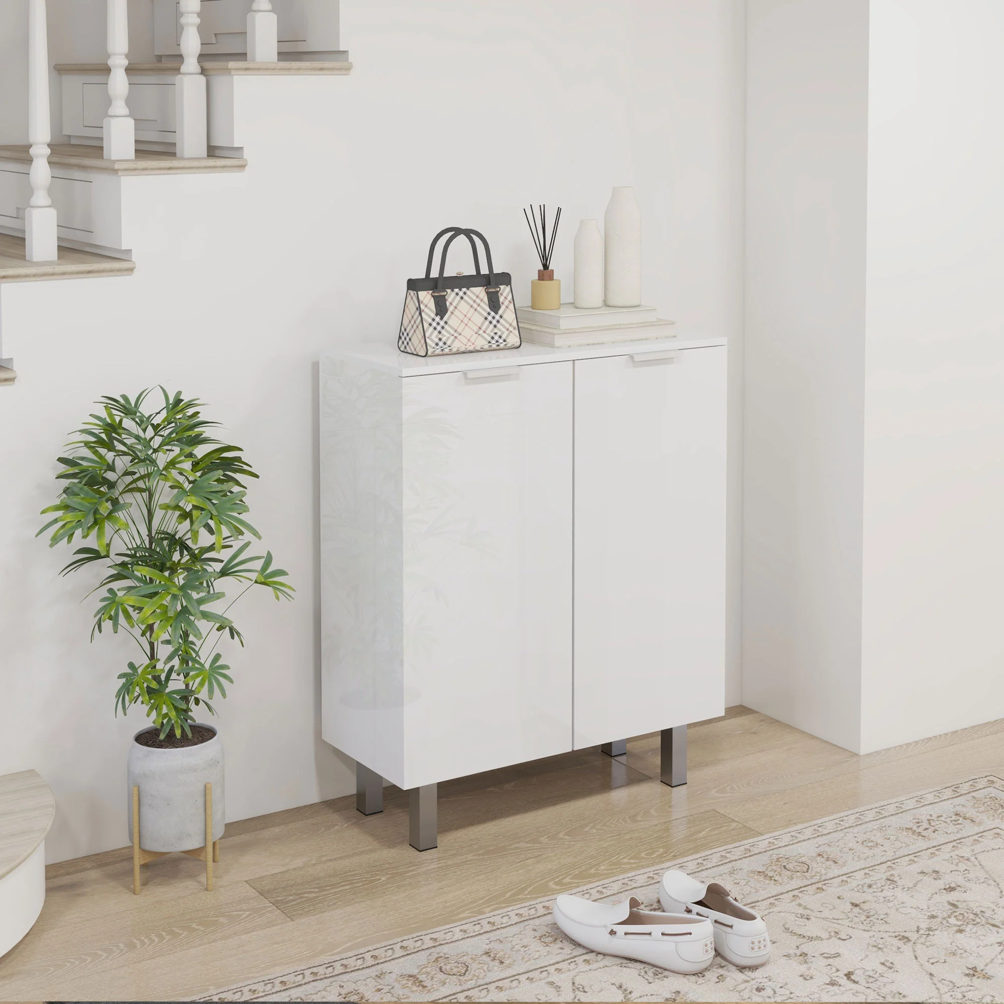 Compact Shoe Cabinet with Adjustable Shelves for 15-20 Pairs of Shoes, High Gloss White - Image 3