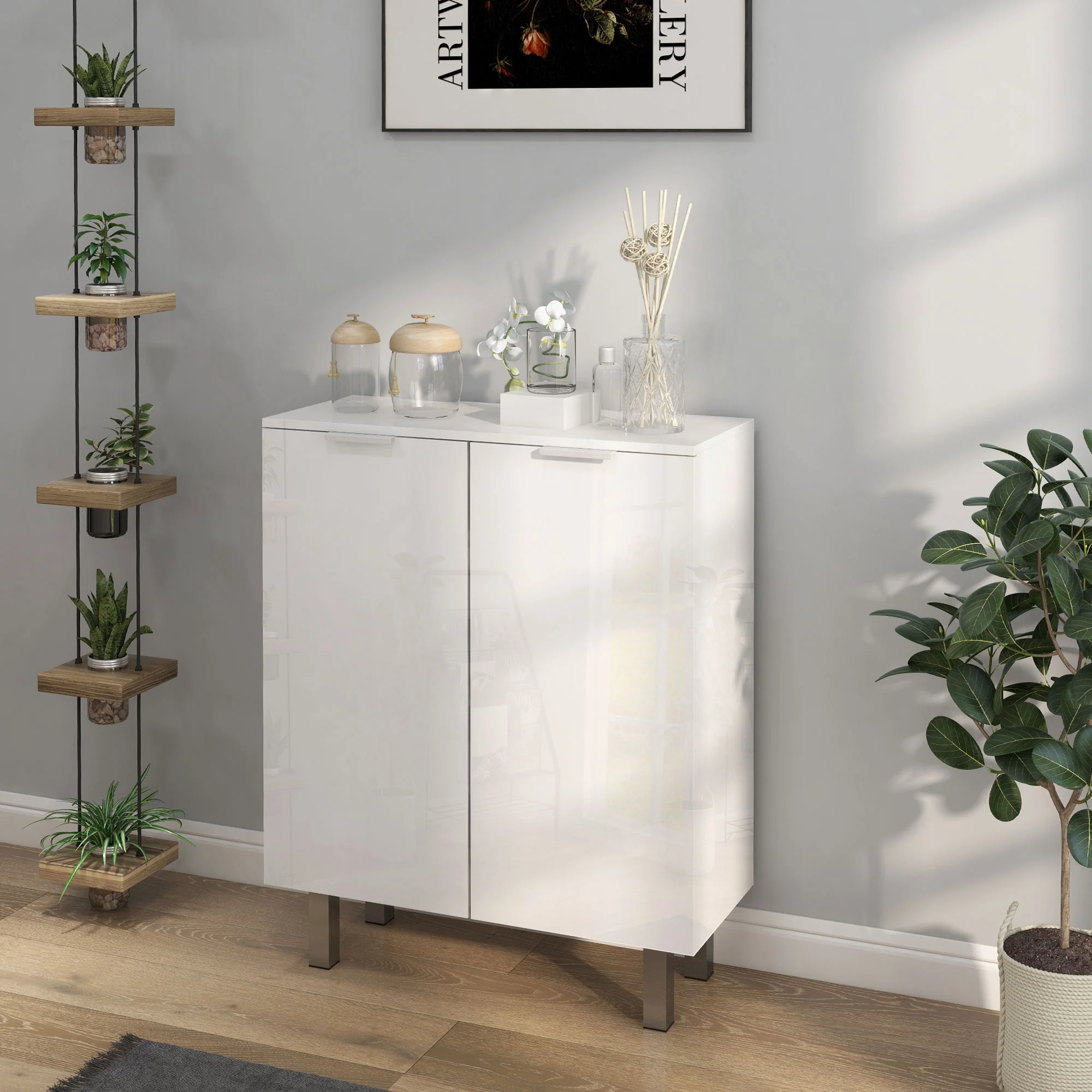 Compact Shoe Cabinet with Adjustable Shelves for 15-20 Pairs of Shoes, High Gloss White - Image 4
