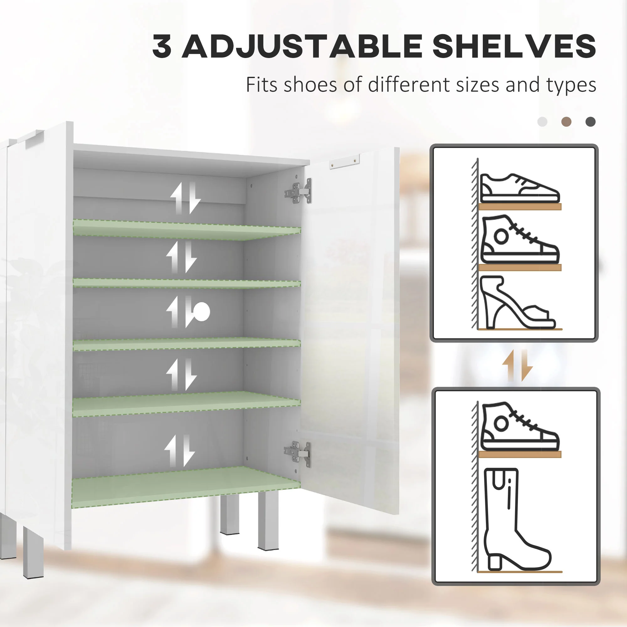 Compact Shoe Cabinet with Adjustable Shelves for 15-20 Pairs of Shoes, High Gloss White - Image 6
