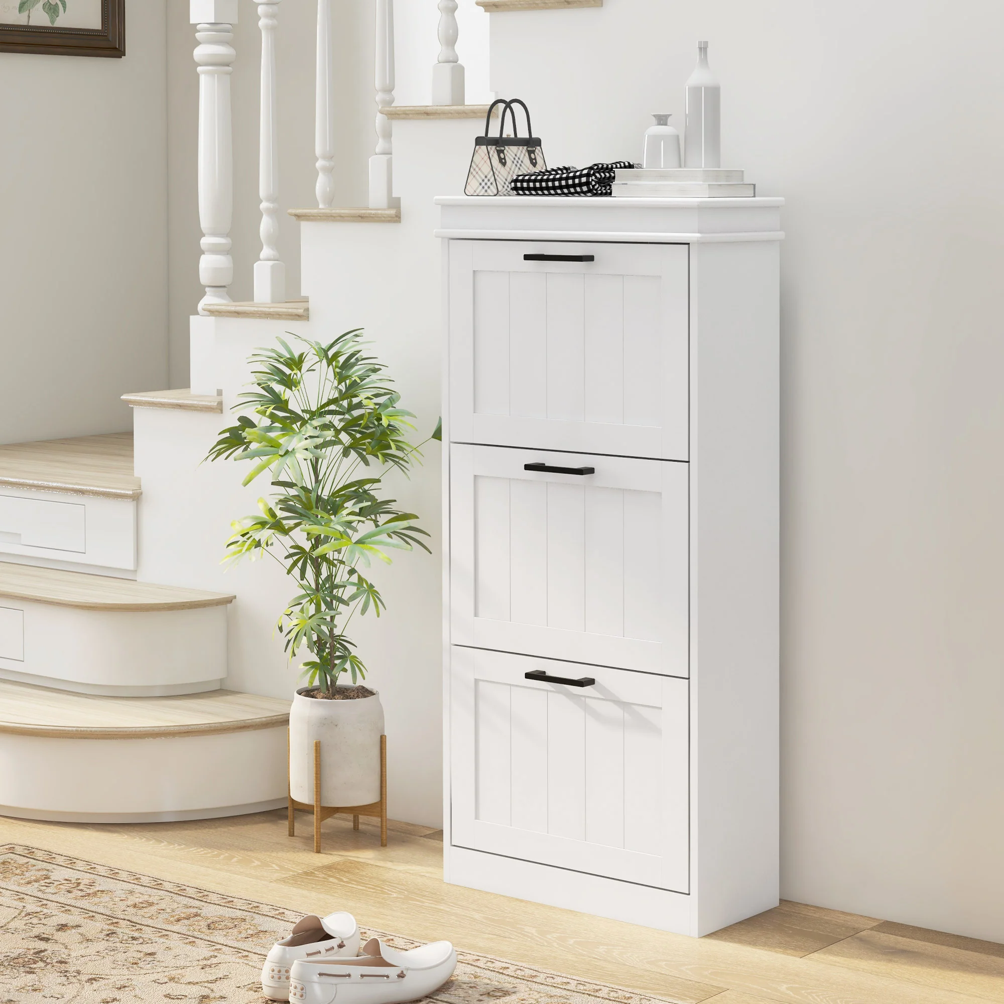 Slim Shoe Storage Cabinet with 3 Flip Drawers & Adjustable Shelves for 15 Pairs, White - Image 3