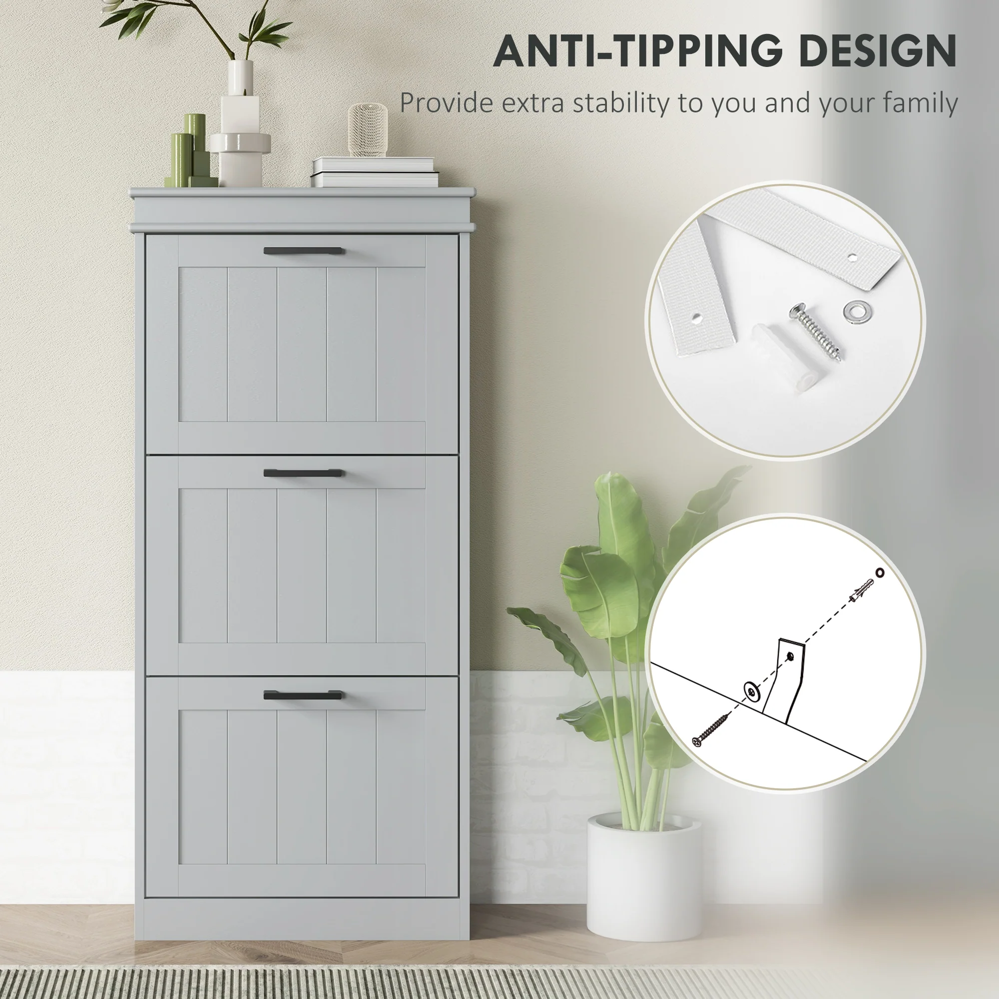 Slim Shoe Storage Cabinet with 3 Flip Drawers & Adjustable Shelves for 15 Pairs, Grey - Image 9