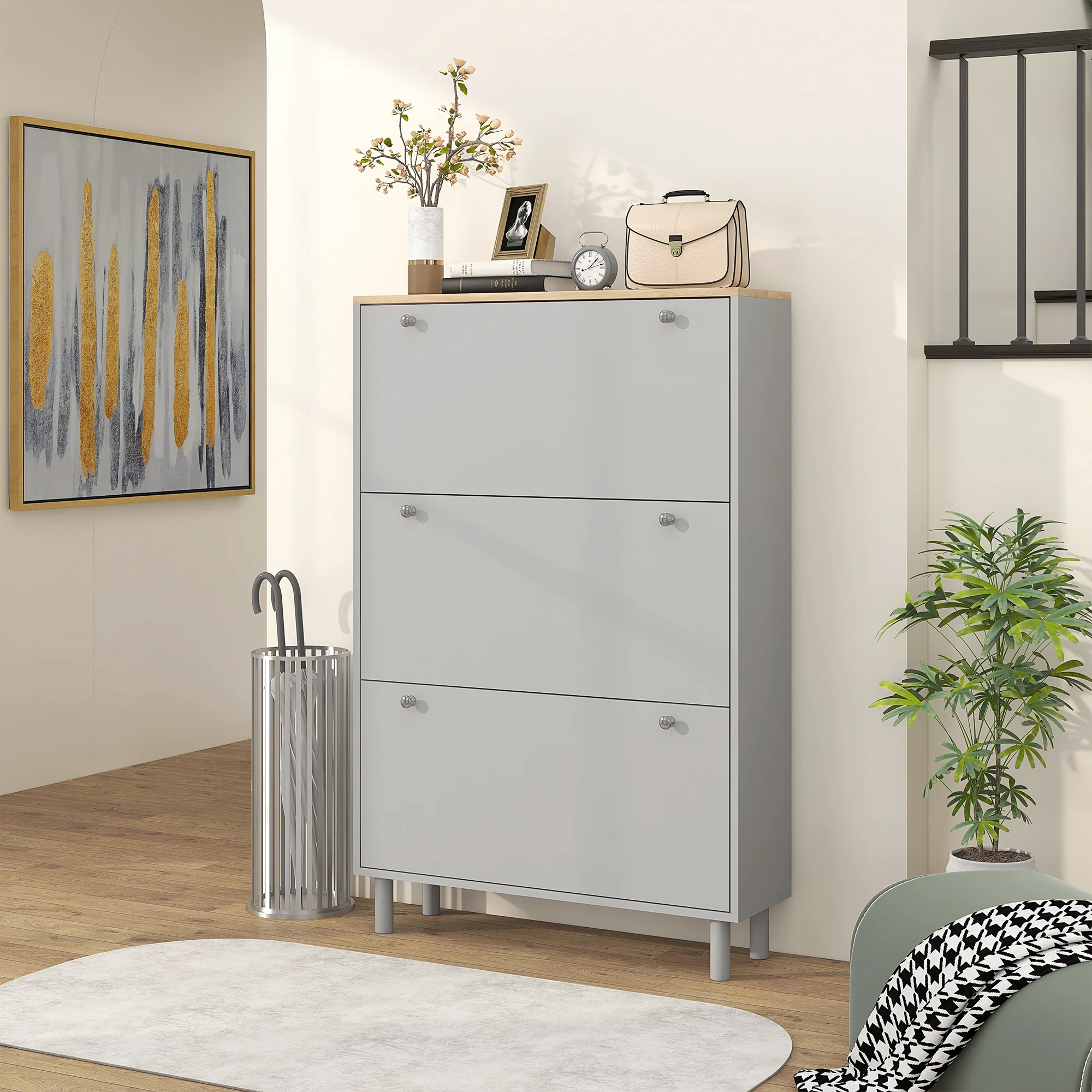 Narrow Shoe Storage Cabinet with 3 Flip Drawers & Adjustable Shelves for 24 Pairs, Grey - Image 10