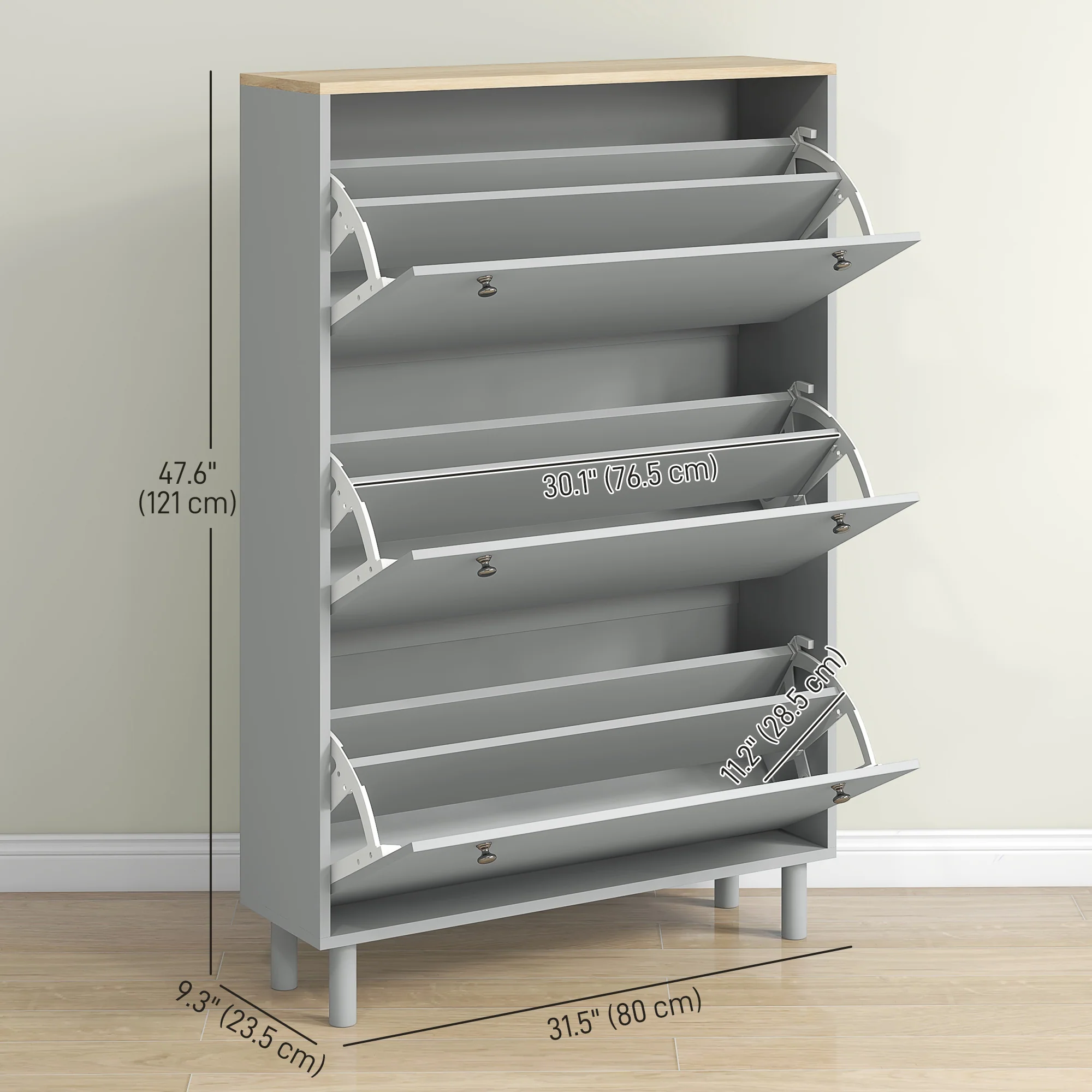 Narrow Shoe Storage Cabinet with 3 Flip Drawers & Adjustable Shelves for 24 Pairs, Grey - Image 5