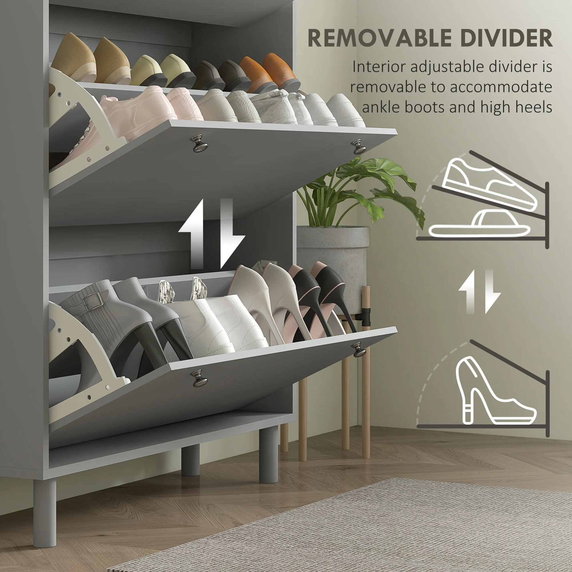 Narrow Shoe Storage Cabinet with 3 Flip Drawers & Adjustable Shelves for 24 Pairs, Grey - Image 8