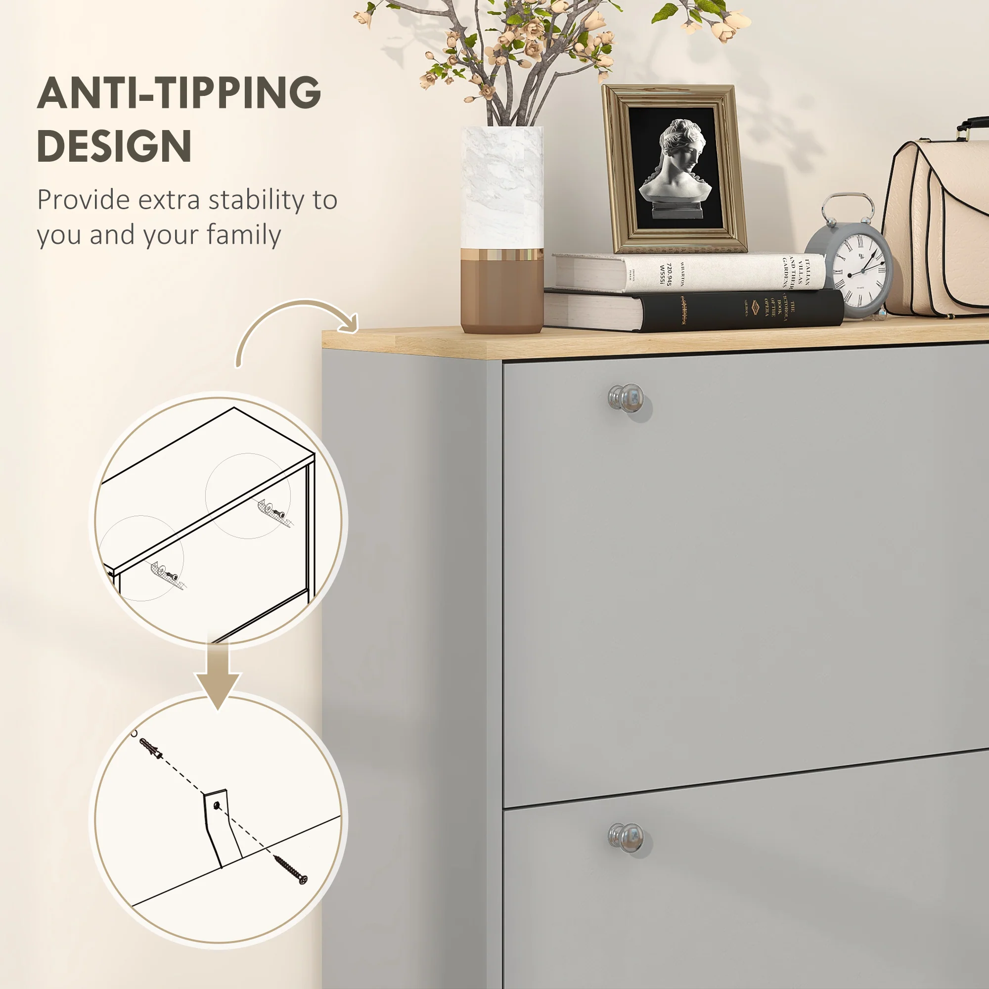 Narrow Shoe Storage Cabinet with 3 Flip Drawers & Adjustable Shelves for 24 Pairs, Grey - Image 9