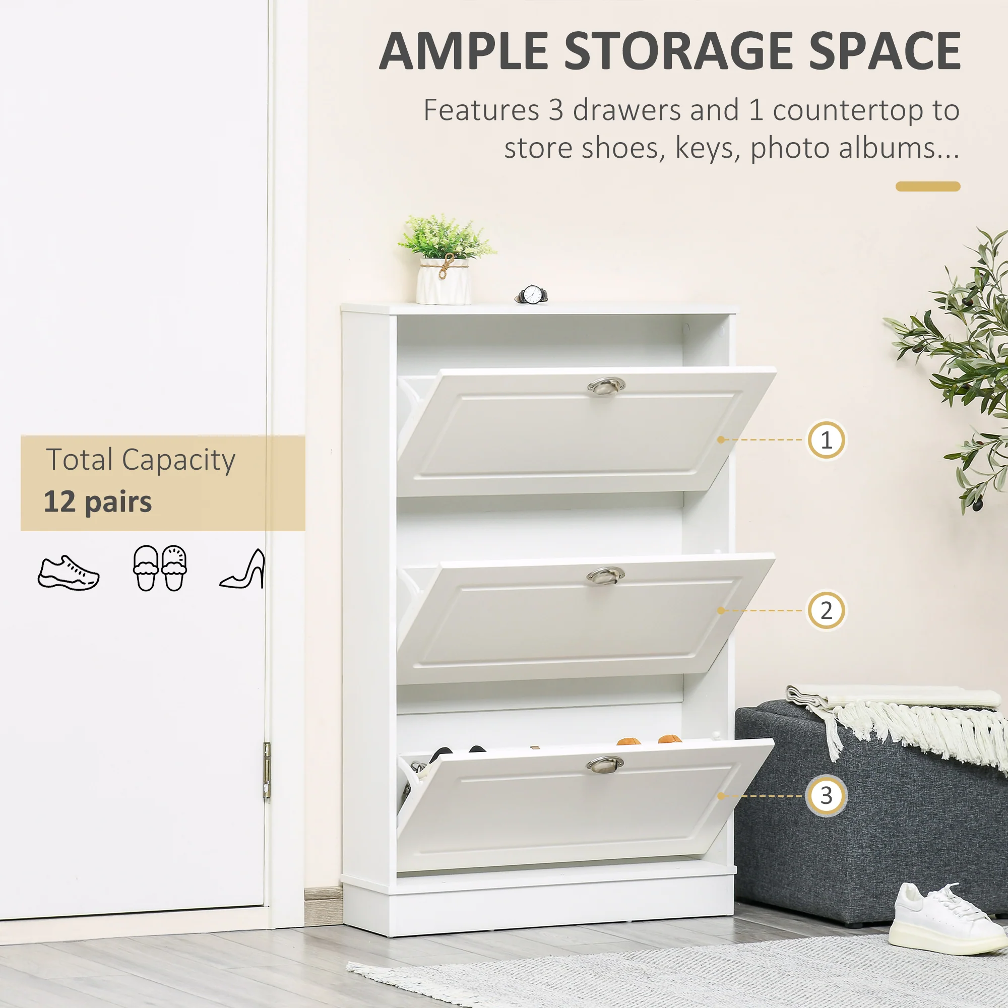 Entryway Shoe Rack Cabinet with 3 Flip Drawers for 12 Pairs of Shoes, White - Image 6