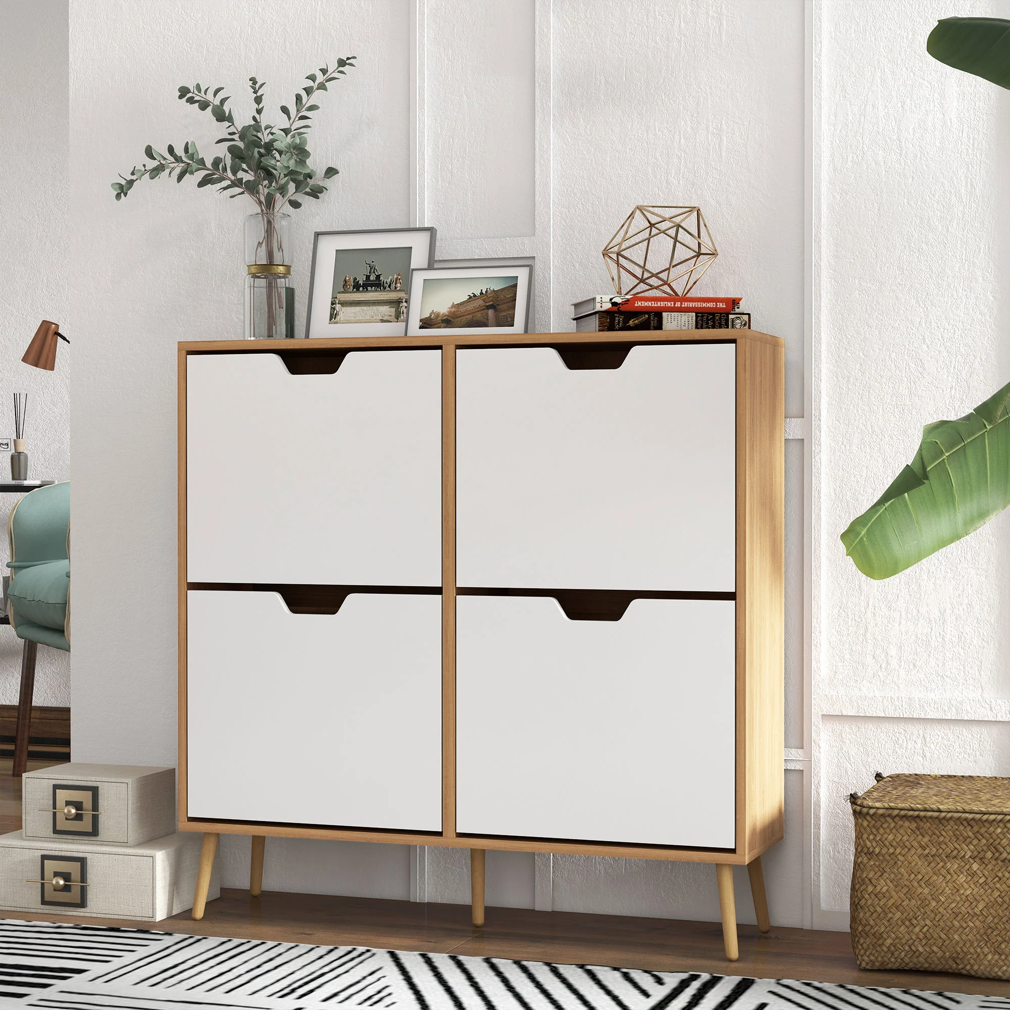 Hallway Shoe Storage Cabinet with 4 Flip Drawers & Adjustable Shelf for 16 Pairs, Natural - Image 4
