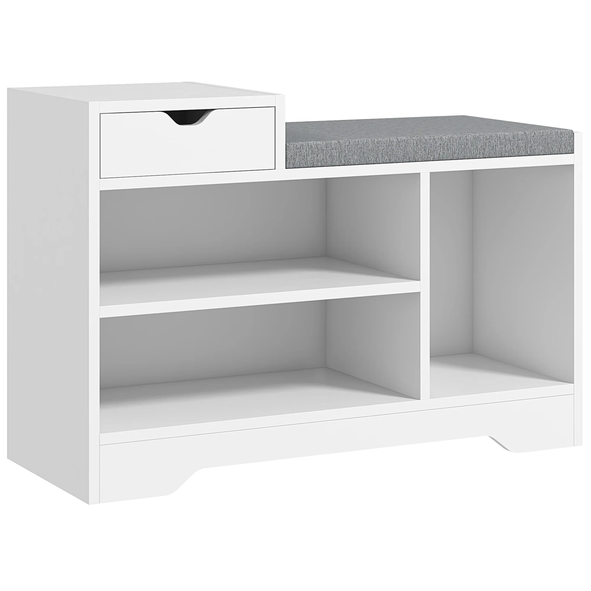 Shoe Storage Bench w/Seating Cushion, Drawer & 3 Compartments for Entryway, Hallway, White