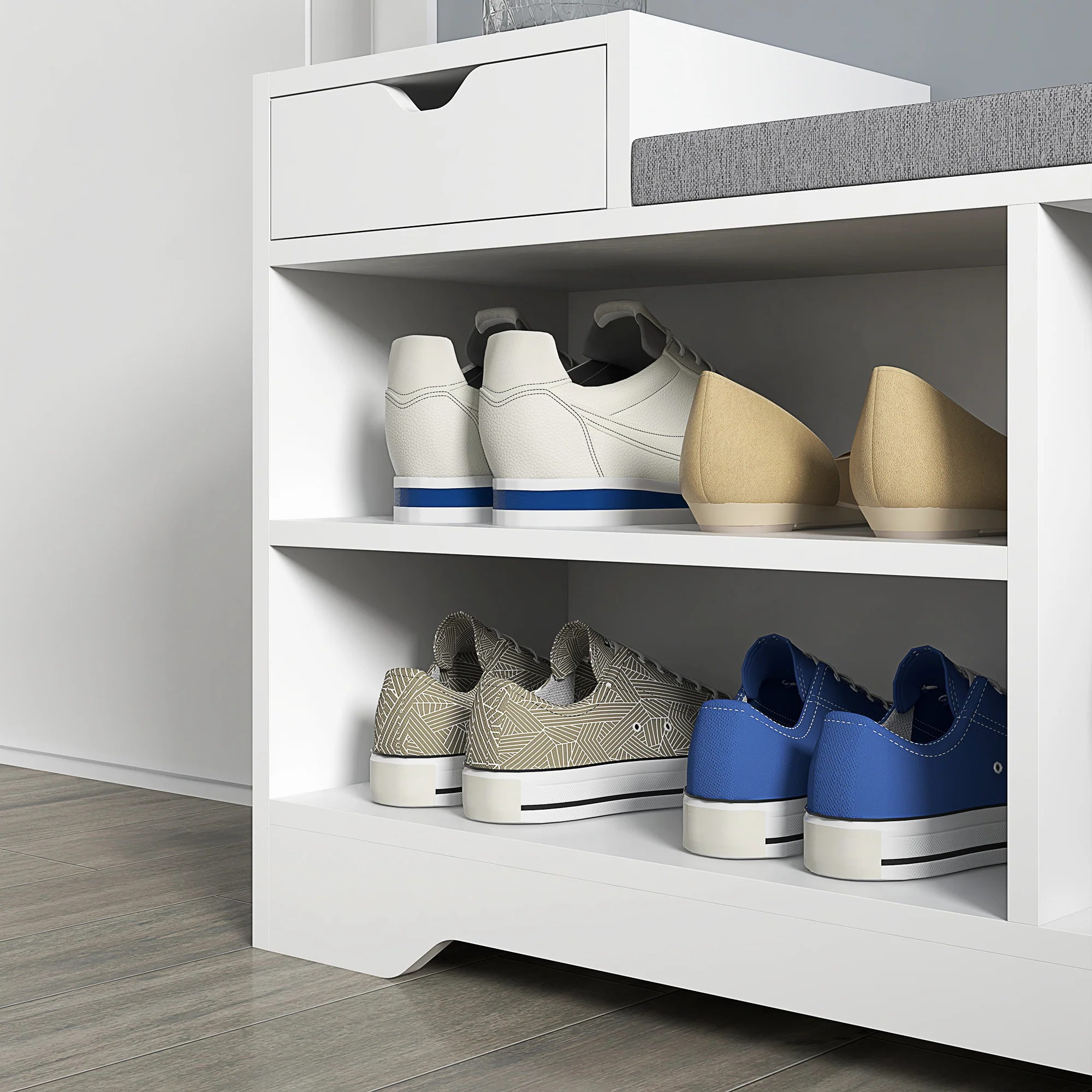 Shoe Storage Bench w/Seating Cushion, Drawer & 3 Compartments for Entryway, Hallway, White - Image 10