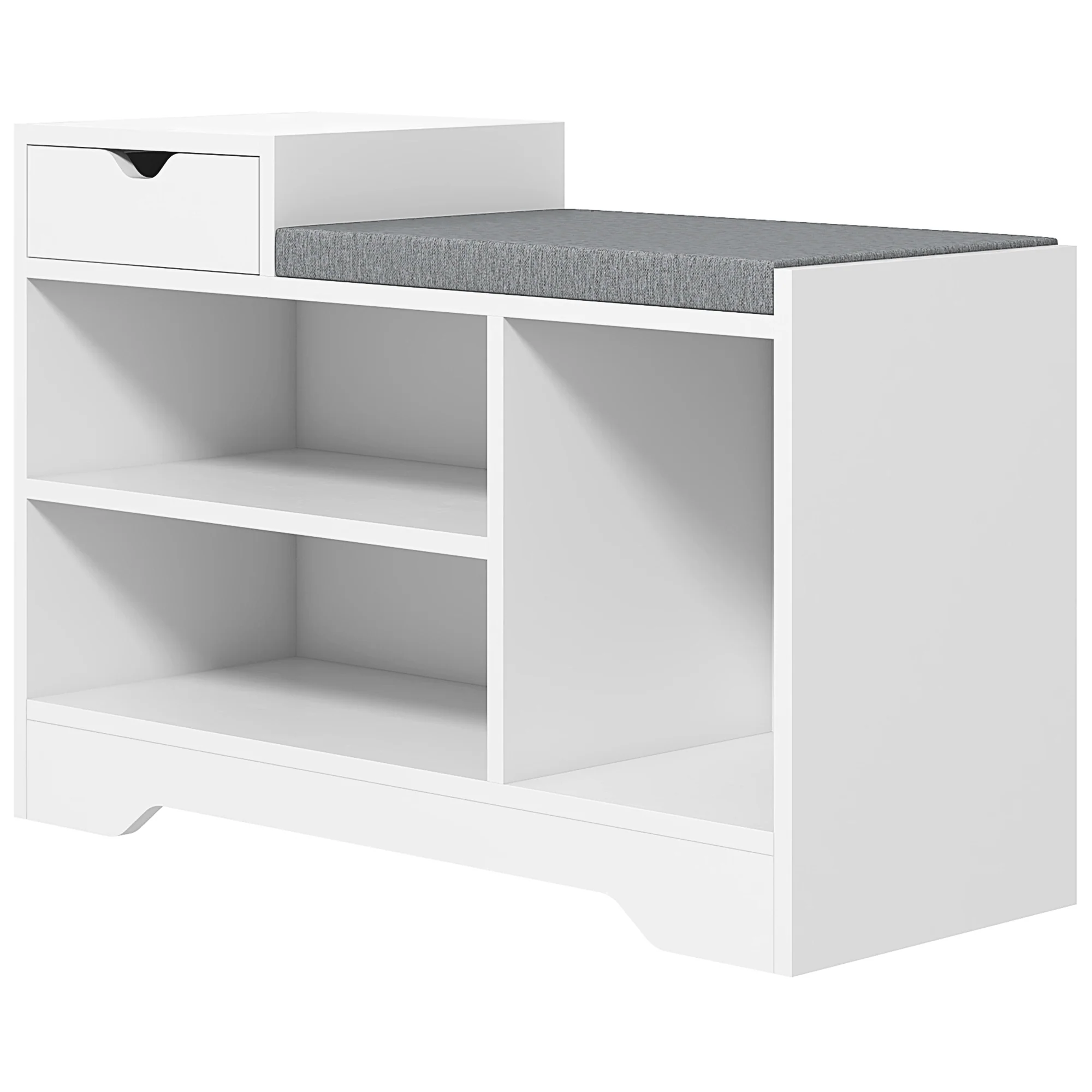 Shoe Storage Bench w/Seating Cushion, Drawer & 3 Compartments for Entryway, Hallway, White - Image 2