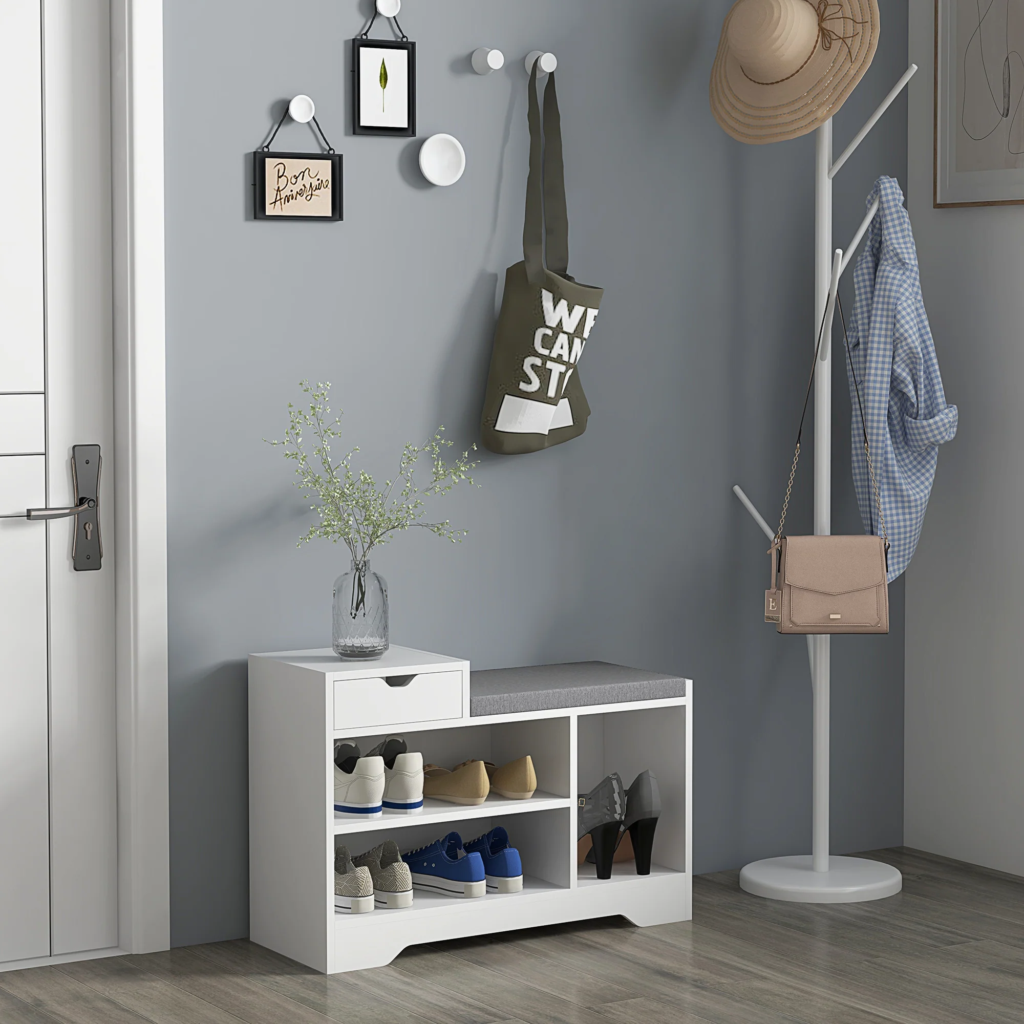 Shoe Storage Bench w/Seating Cushion, Drawer & 3 Compartments for Entryway, Hallway, White - Image 3