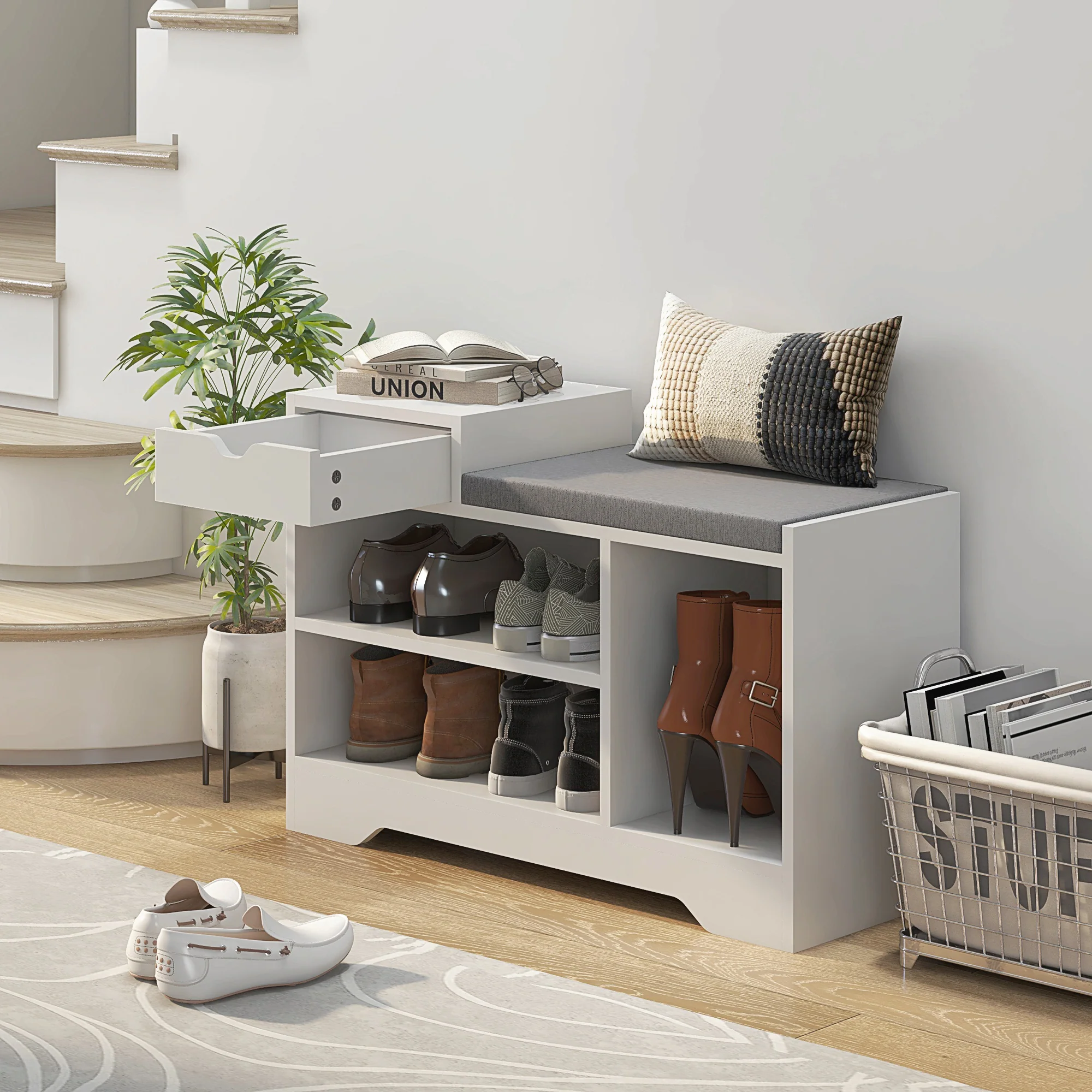 Shoe Storage Bench w/Seating Cushion, Drawer & 3 Compartments for Entryway, Hallway, White - Image 4