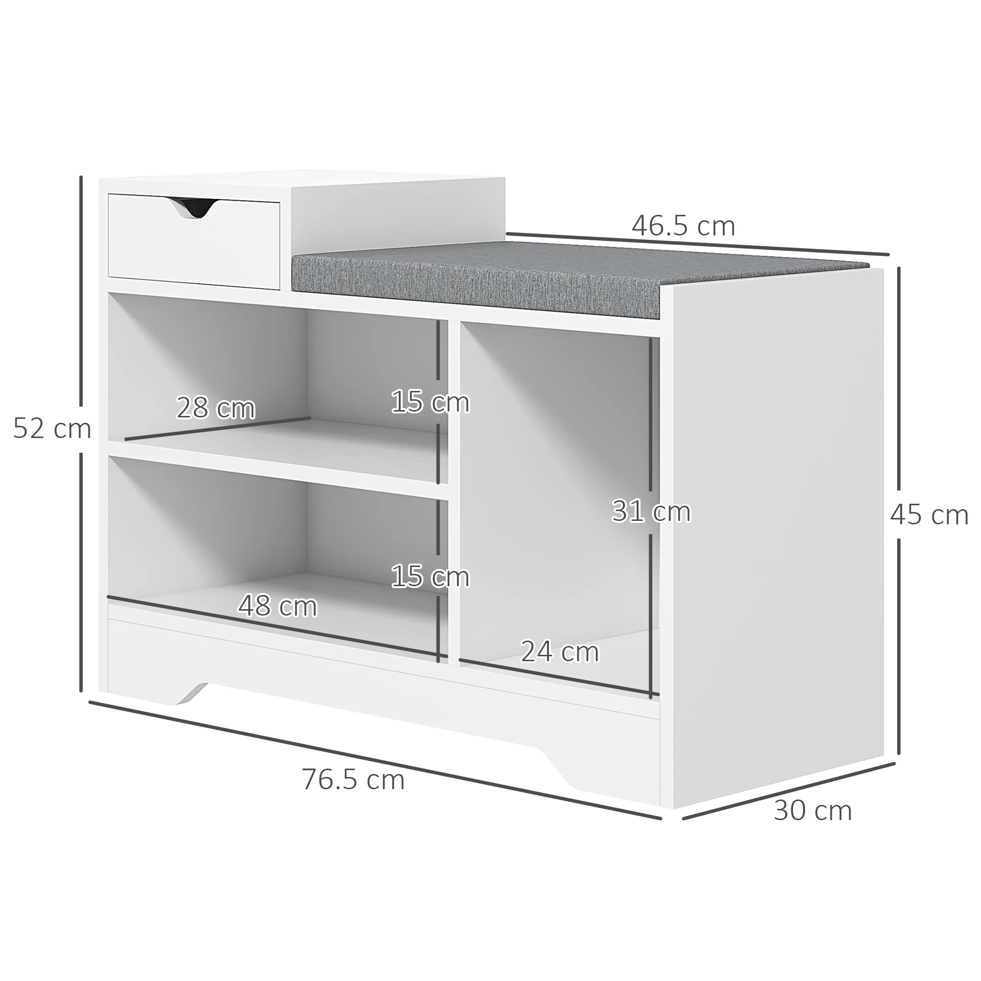Shoe Storage Bench w/Seating Cushion, Drawer & 3 Compartments for Entryway, Hallway, White - Image 5