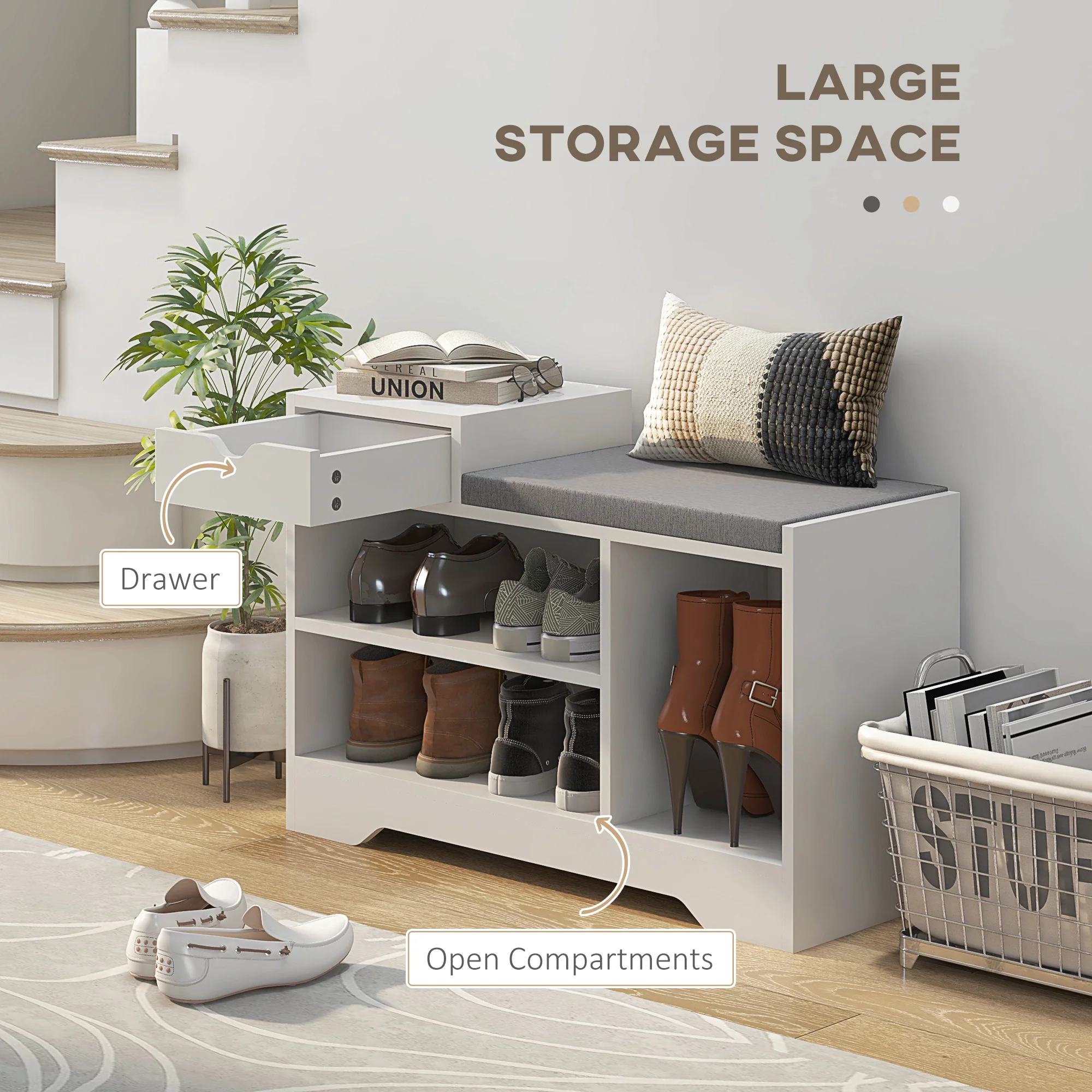 Shoe Storage Bench w/Seating Cushion, Drawer & 3 Compartments for Entryway, Hallway, White - Image 6