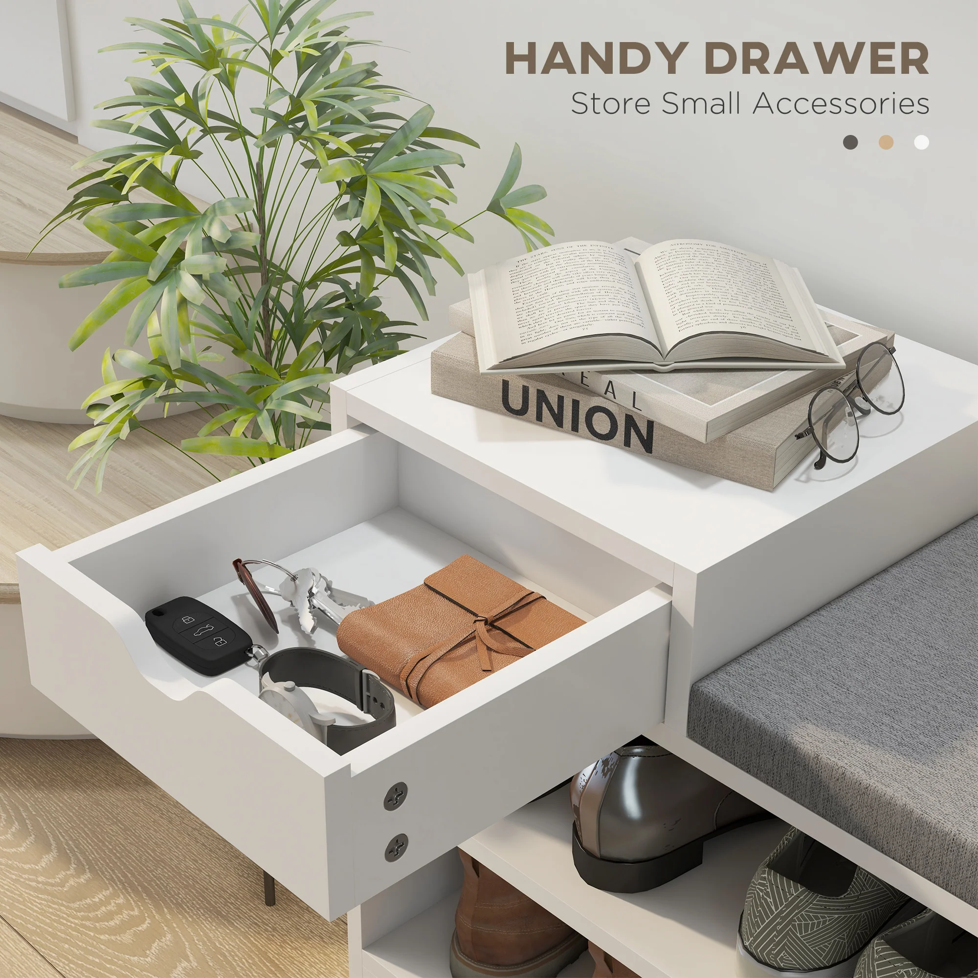 Shoe Storage Bench w/Seating Cushion, Drawer & 3 Compartments for Entryway, Hallway, White - Image 7