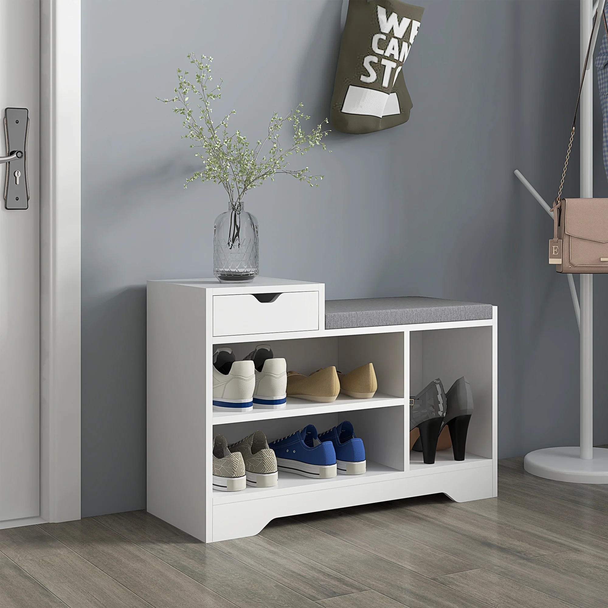 Shoe Storage Bench w/Seating Cushion, Drawer & 3 Compartments for Entryway, Hallway, White - Image 9