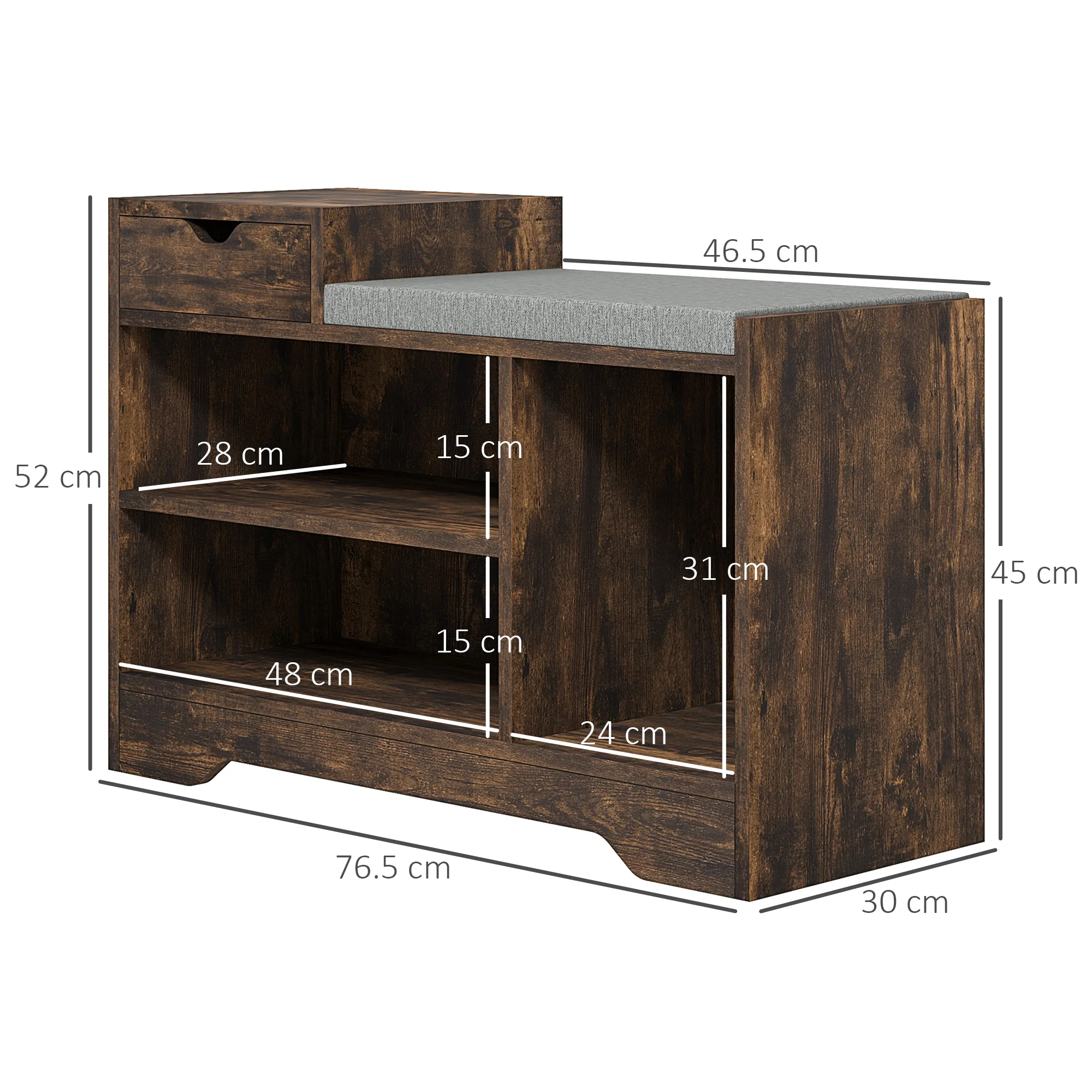 Shoe Storage Bench w/Seating Cushion, Drawer & 3 Compartments for Entryway, Rustic Brown - Image 5