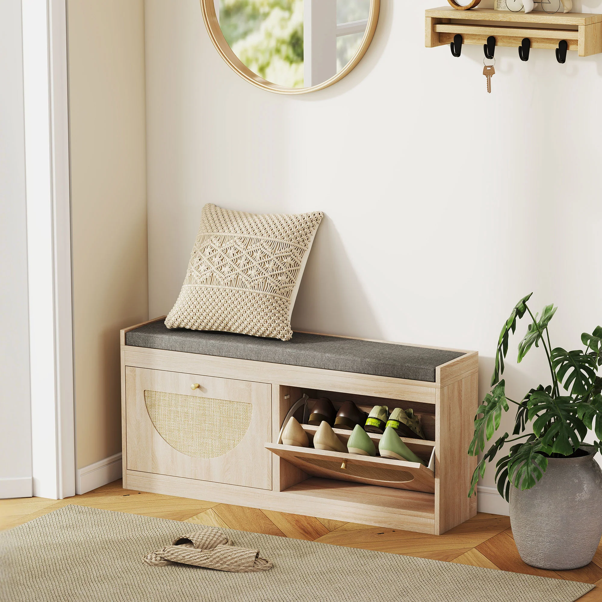 Shoe Storage Bench with Flip Rattan Doors & Removable Seat Cushion for 8 Pairs, Natural Wood - Image 4