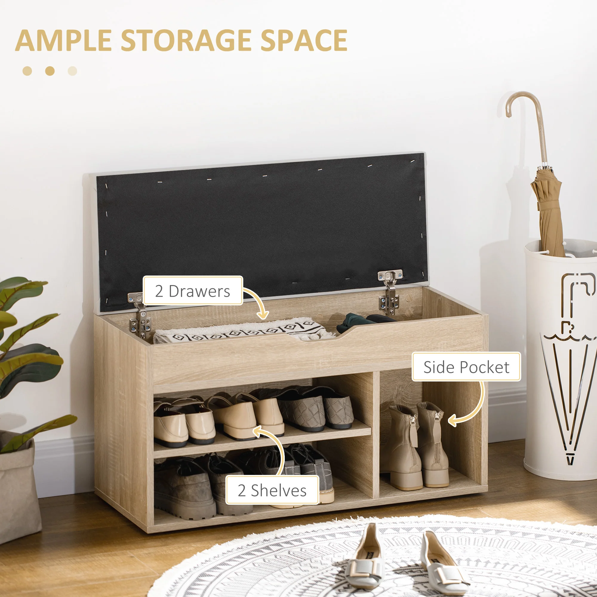 Shoes Cabinet Bench w/ Hidden Storage & Padded Seat, Footwear Rack for Entryway, Oak Tone - Image 7