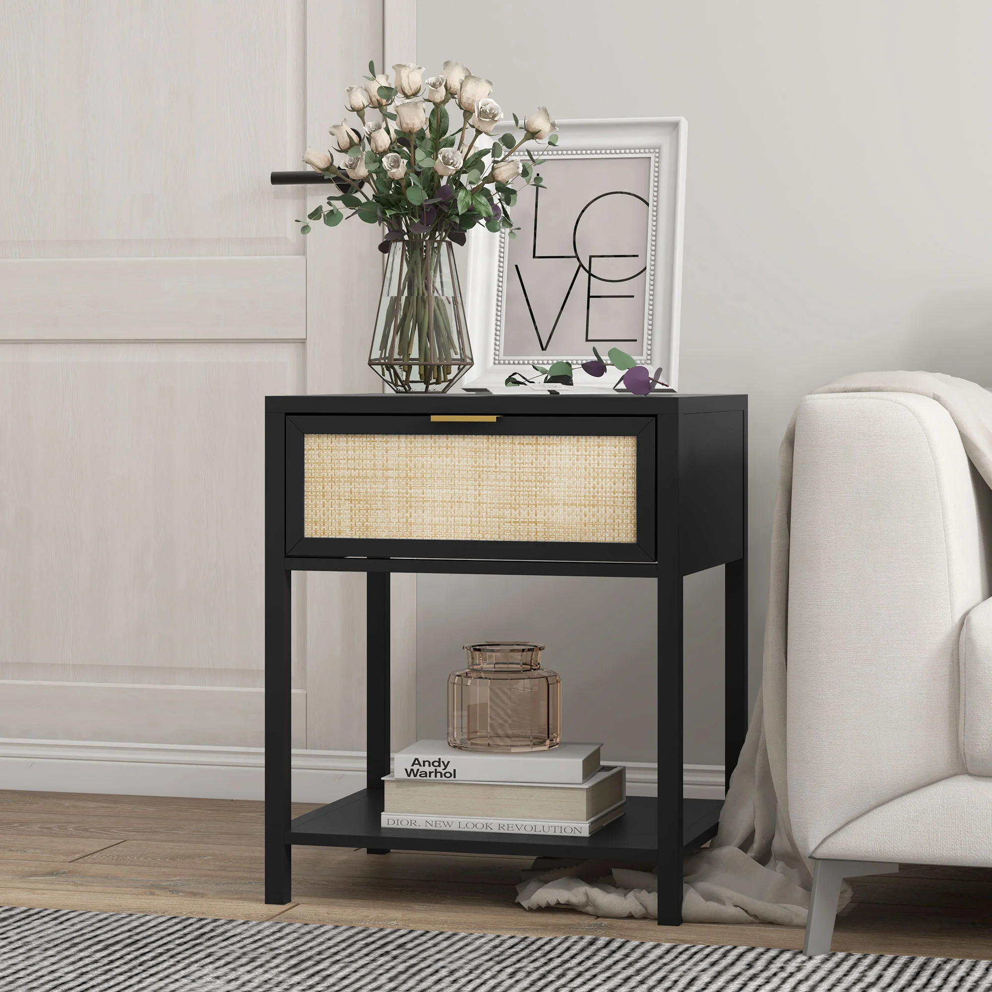 Boho Nightstand with Drawer & Open Shelf, Rattan Bedside Table for Bedroom, Black - Image 4