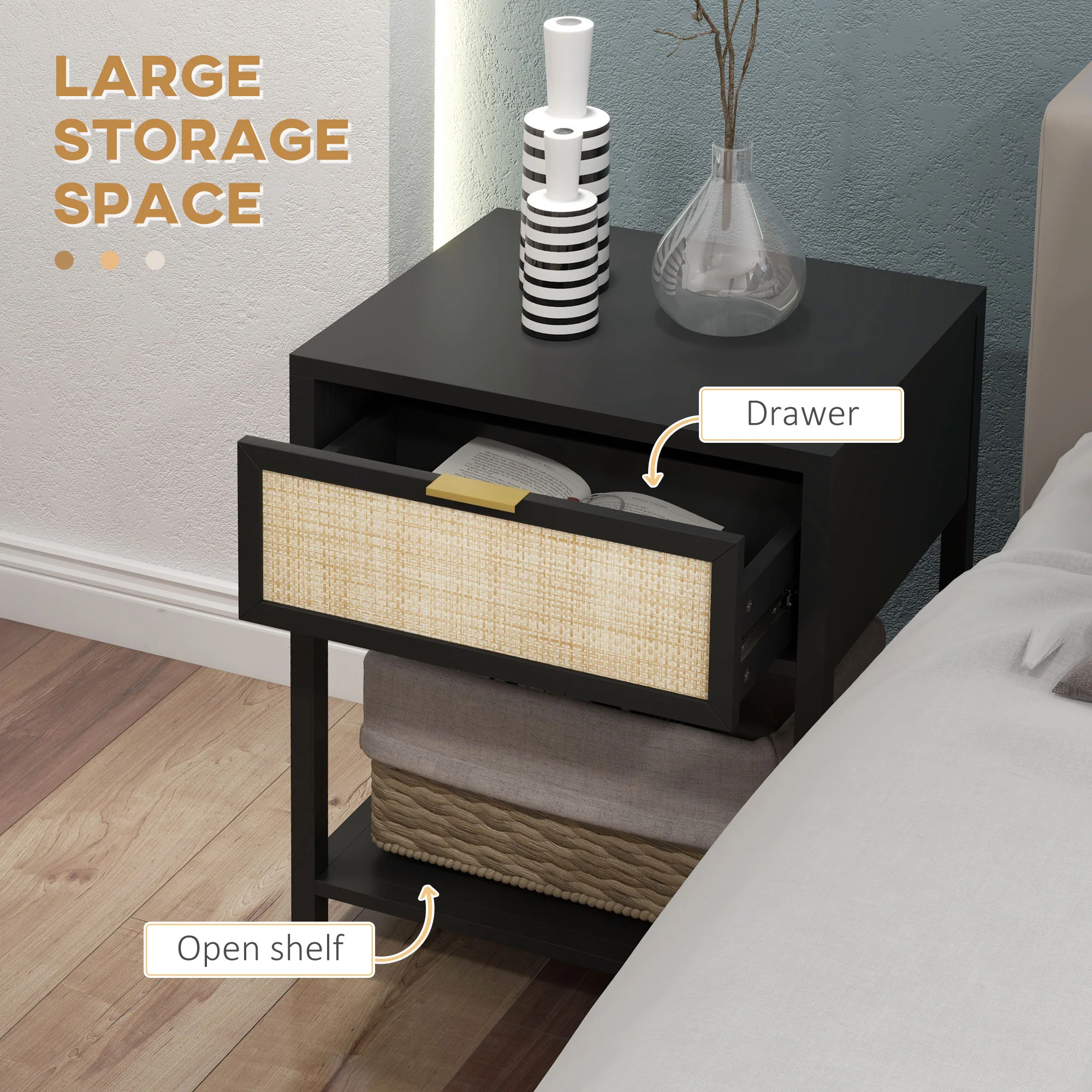 Boho Nightstand with Drawer & Open Shelf, Rattan Bedside Table for Bedroom, Black - Image 7