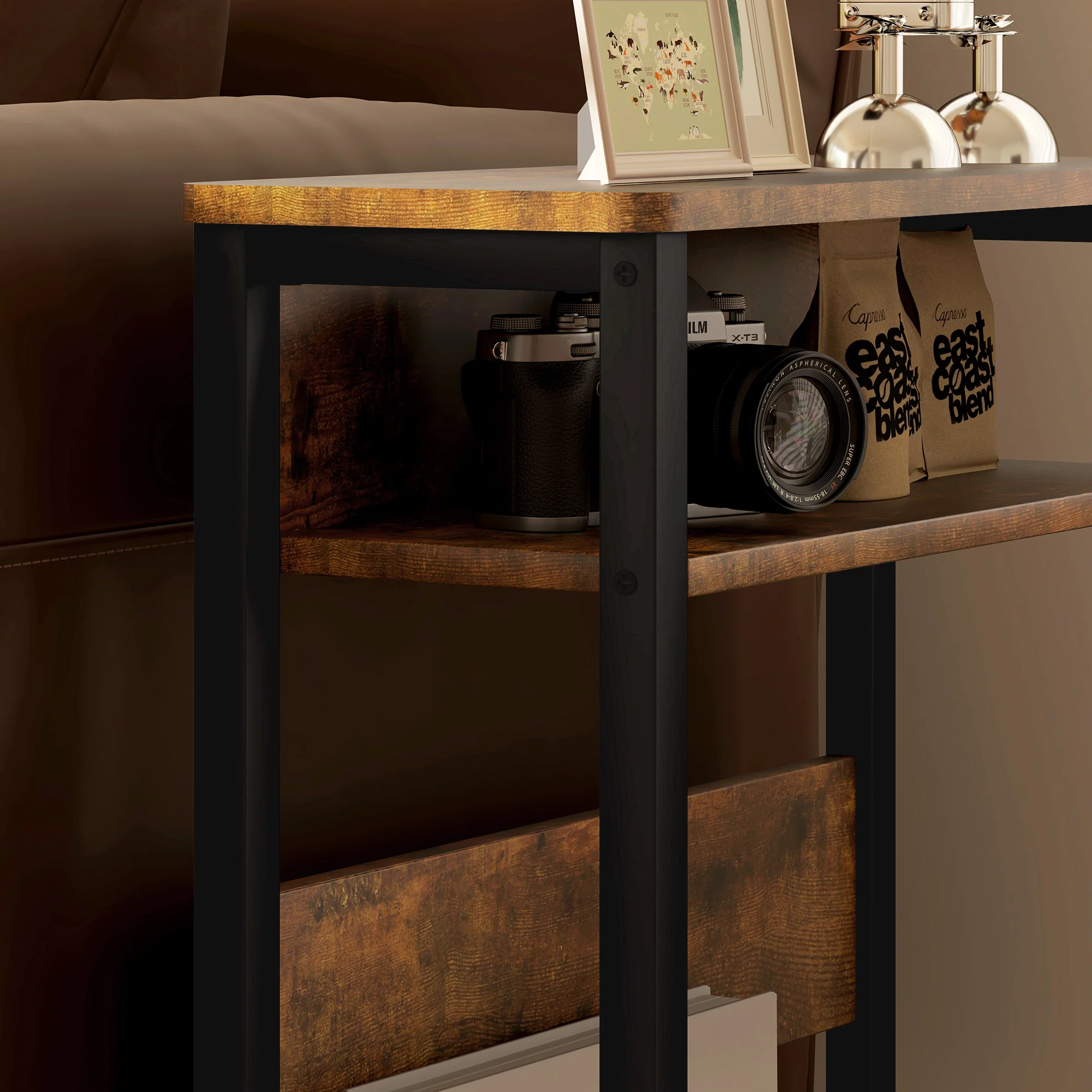Industrial Narrow Bedside Table with Shelves and Dark Wood Finish - Image 10