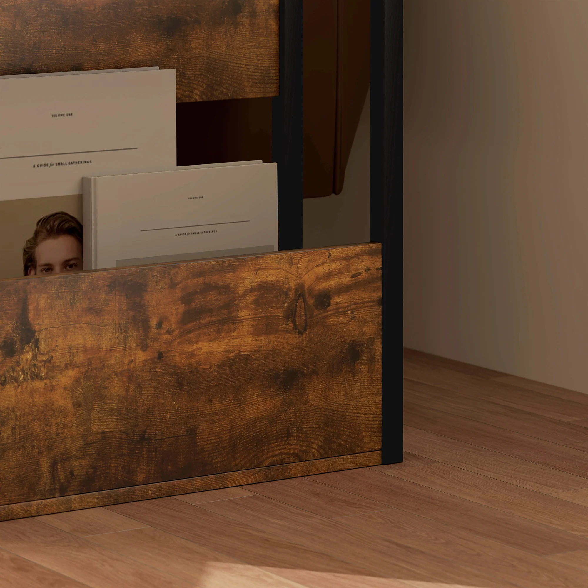 Industrial Narrow Bedside Table with Shelves and Dark Wood Finish - Image 11