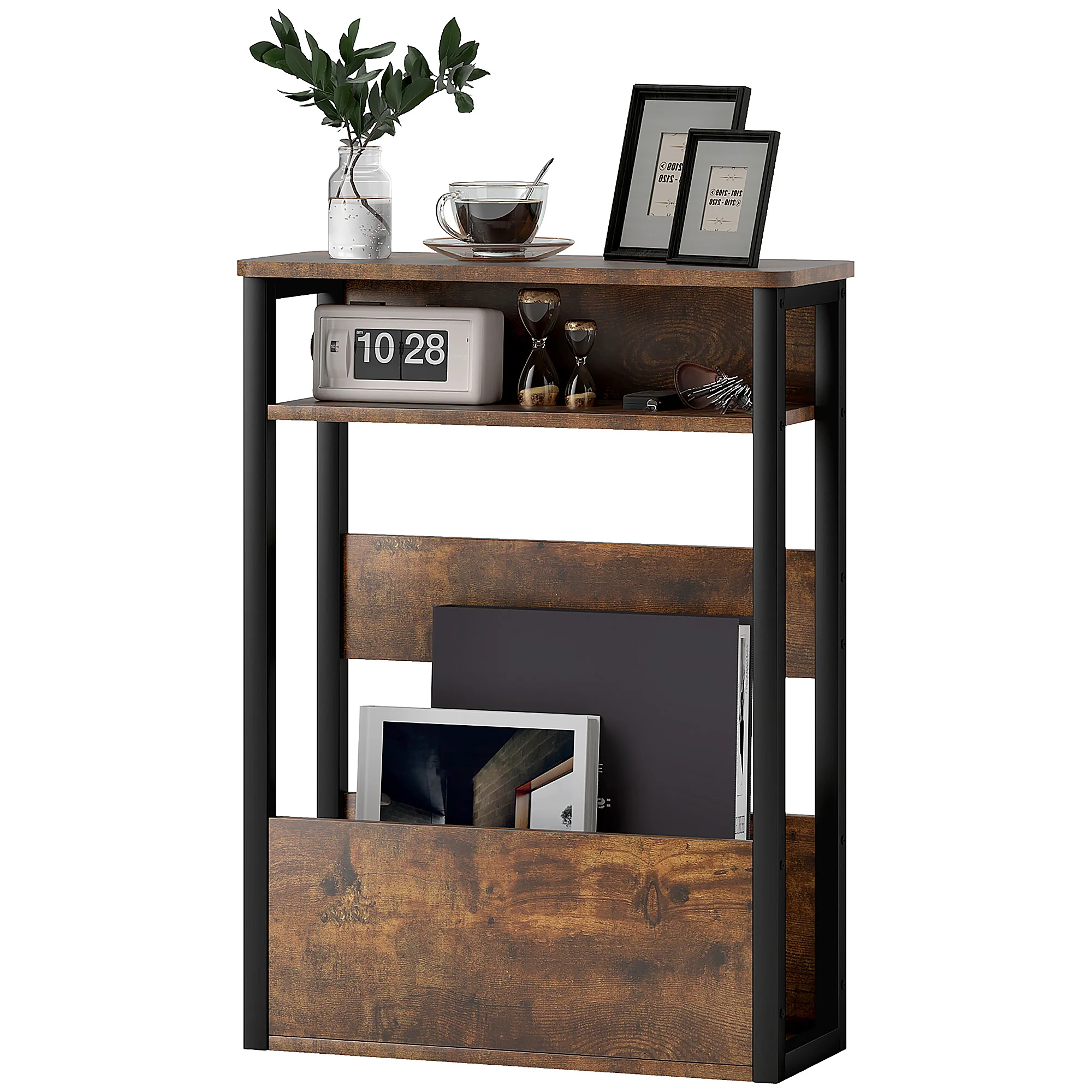 Industrial Narrow Bedside Table with Shelves and Dark Wood Finish - Image 2