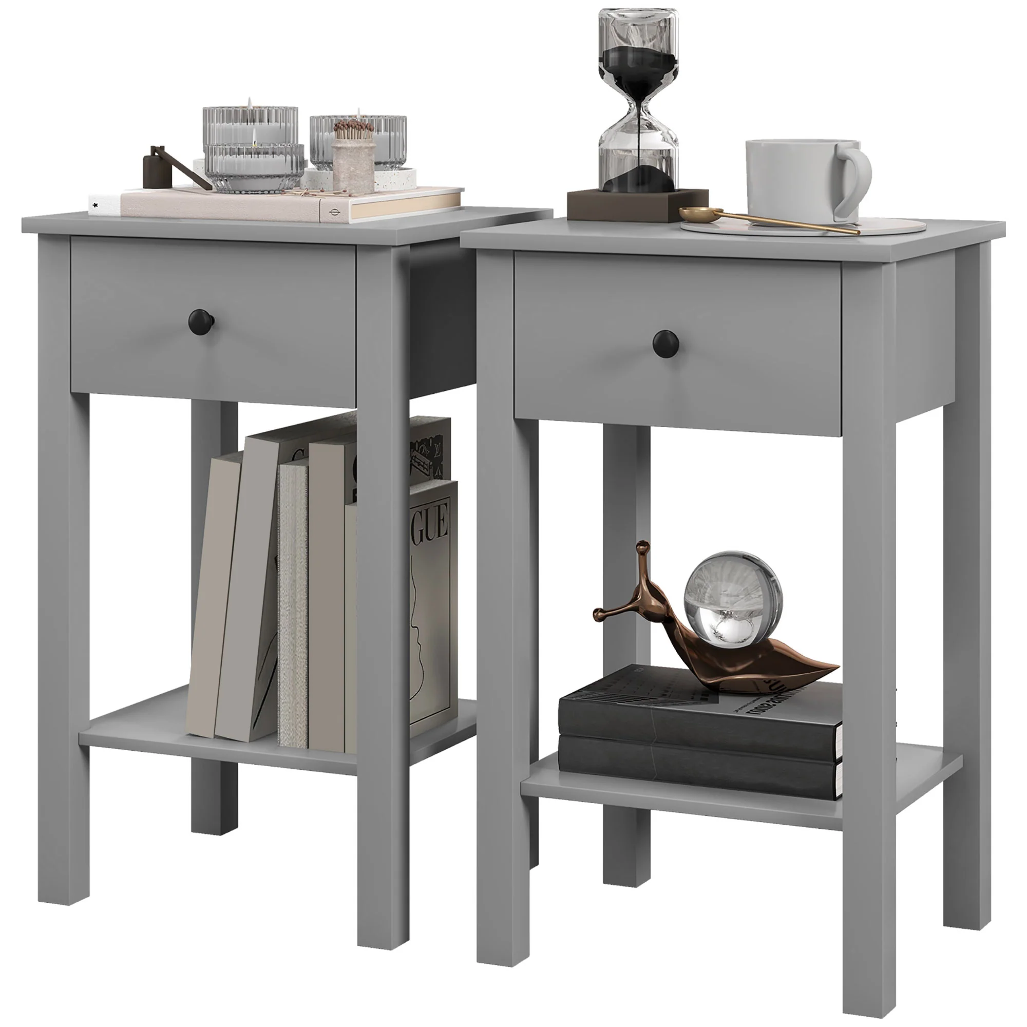 Set of 2 Side Tables with Drawer & Bottom Shelf, Grey - Image 2