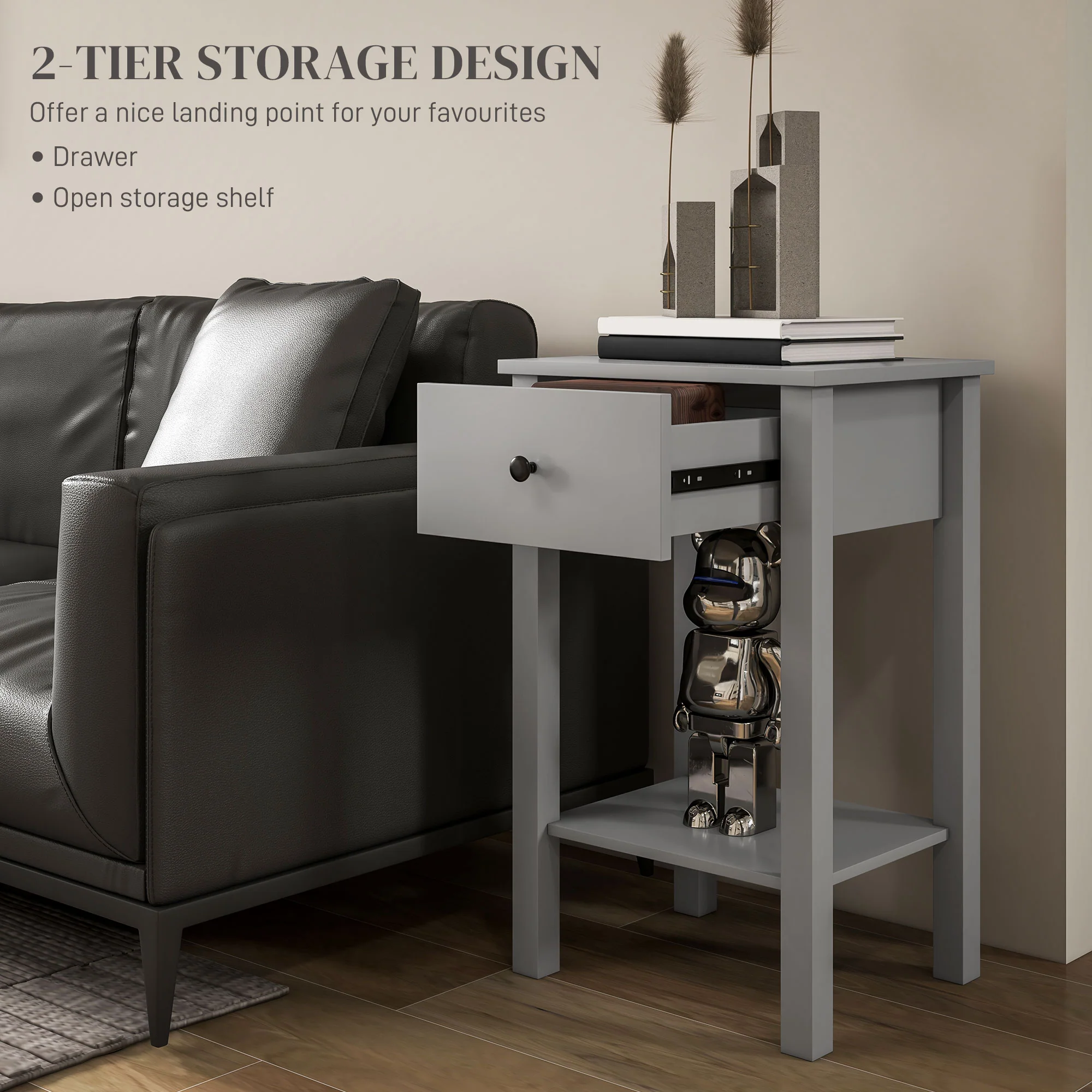 Set of 2 Side Tables with Drawer & Bottom Shelf, Grey - Image 6