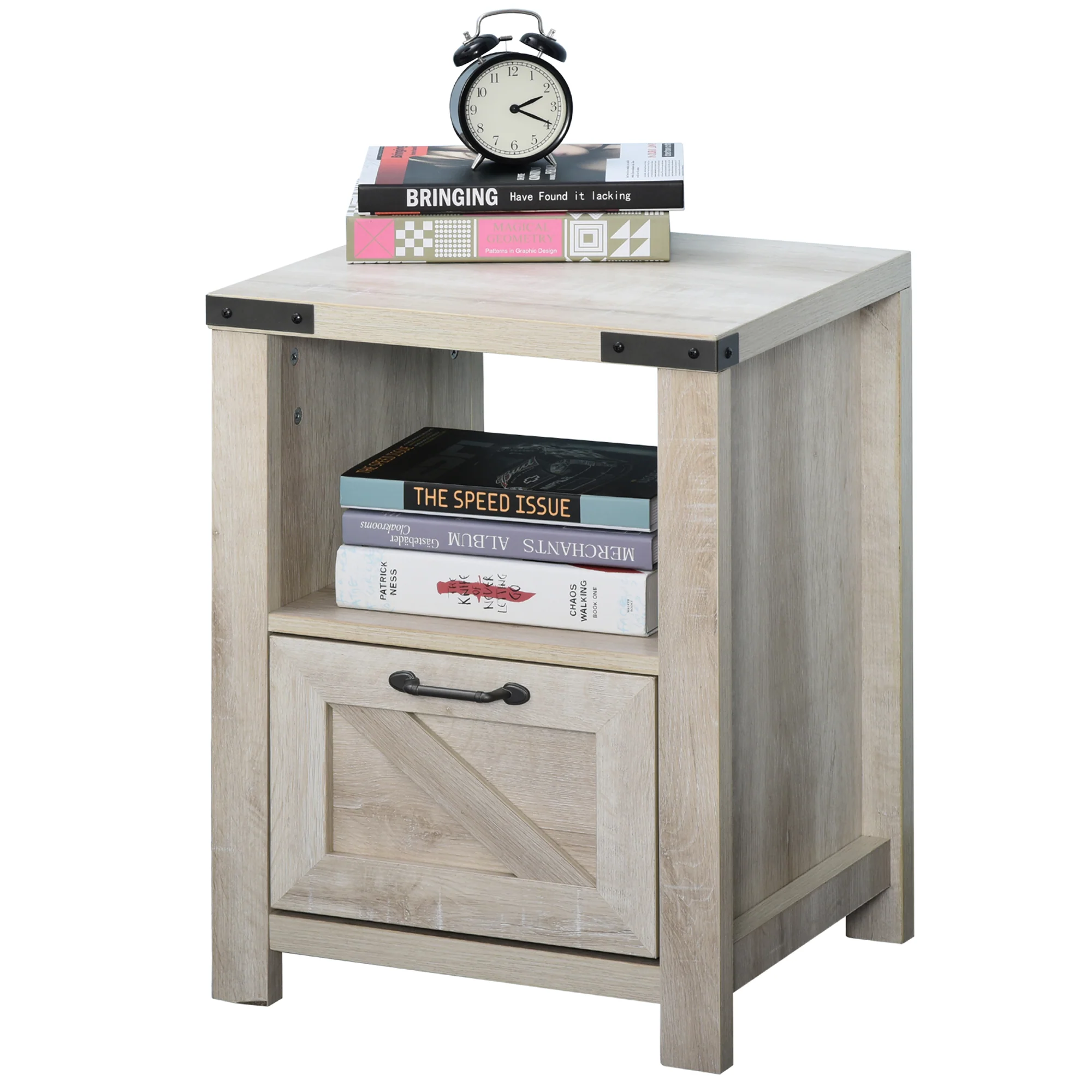 Farmhouse Side Table with Drawer & Open Shelf, Nightstand for Living Room Bedroom, Oak - Image 2