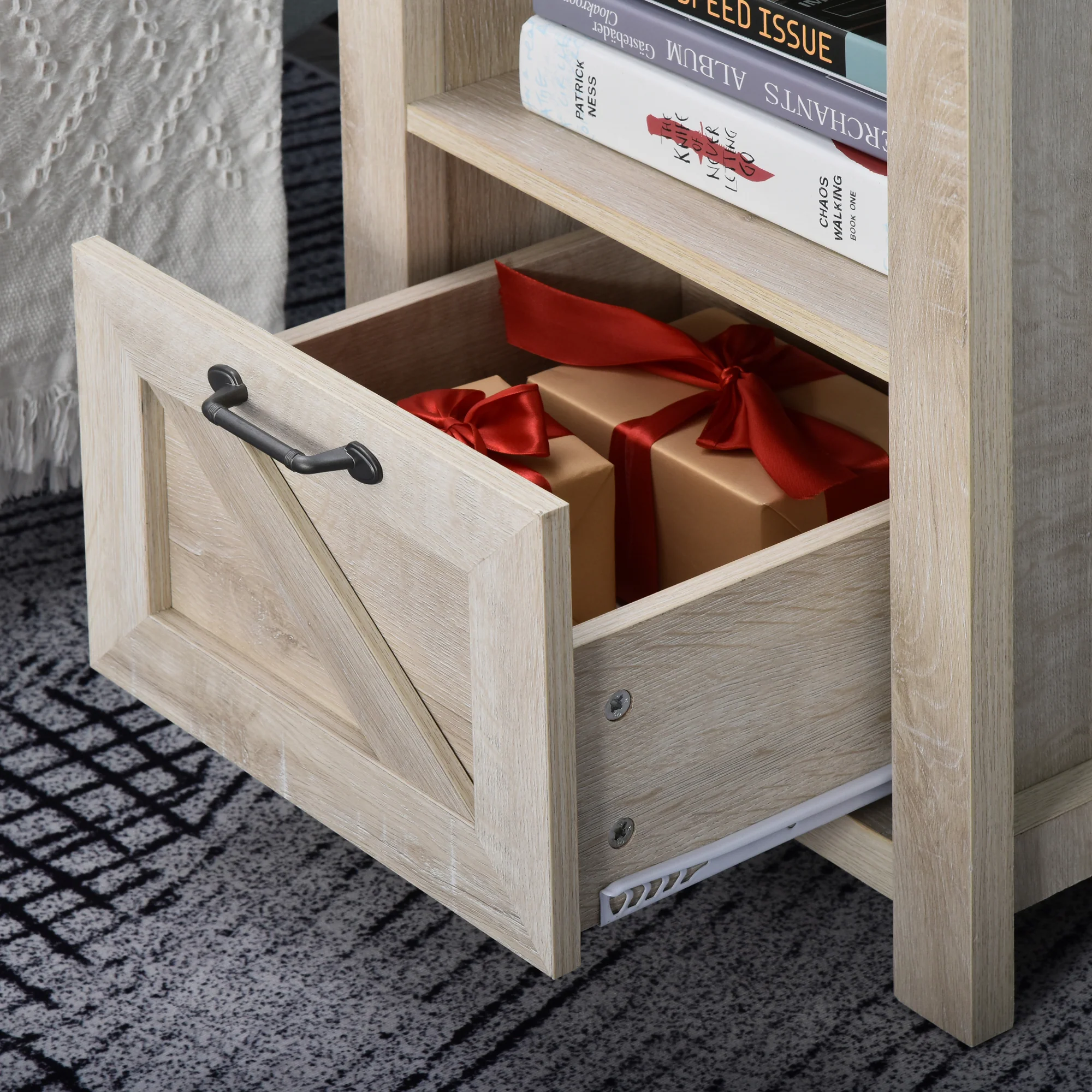 Farmhouse Side Table with Drawer & Open Shelf, Nightstand for Living Room Bedroom, Oak - Image 9