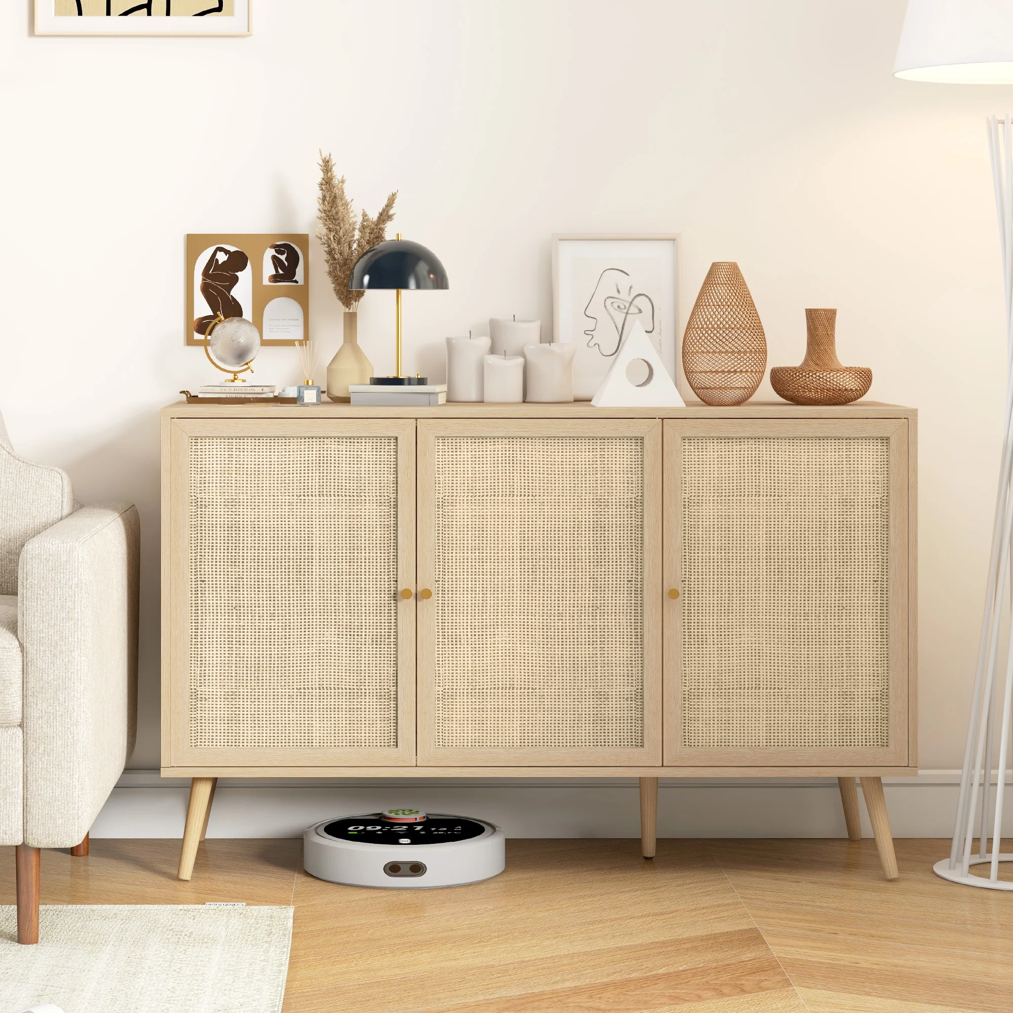 Boho Sideboard with Rattan Doors & Adjustable Shelves, Natural - Image 3