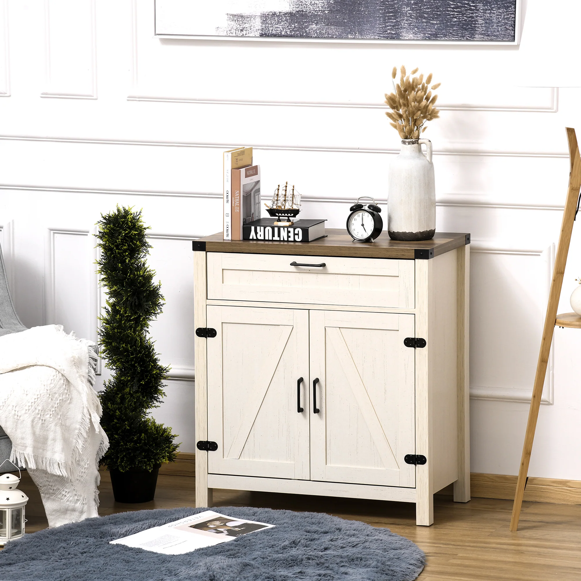 Farmhouse Sideboard with Rustic Barn Door & Drawer, White - Image 4