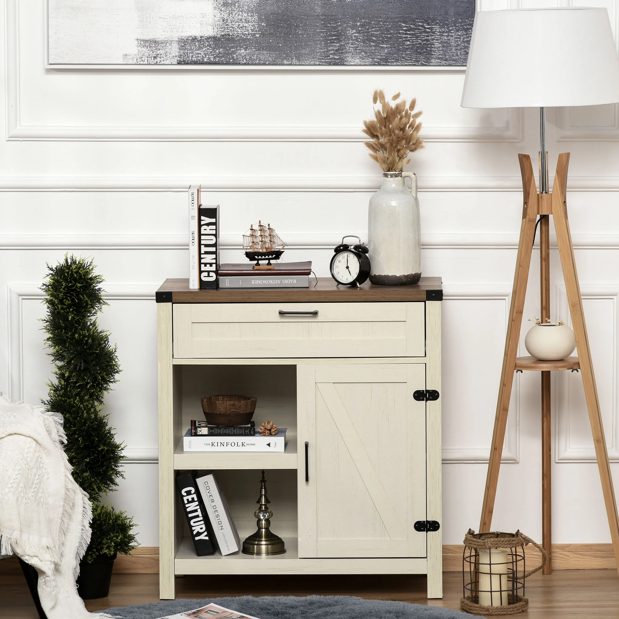 Farmhouse Sideboard with Rustic Barn Door & Drawer, White - Image 4