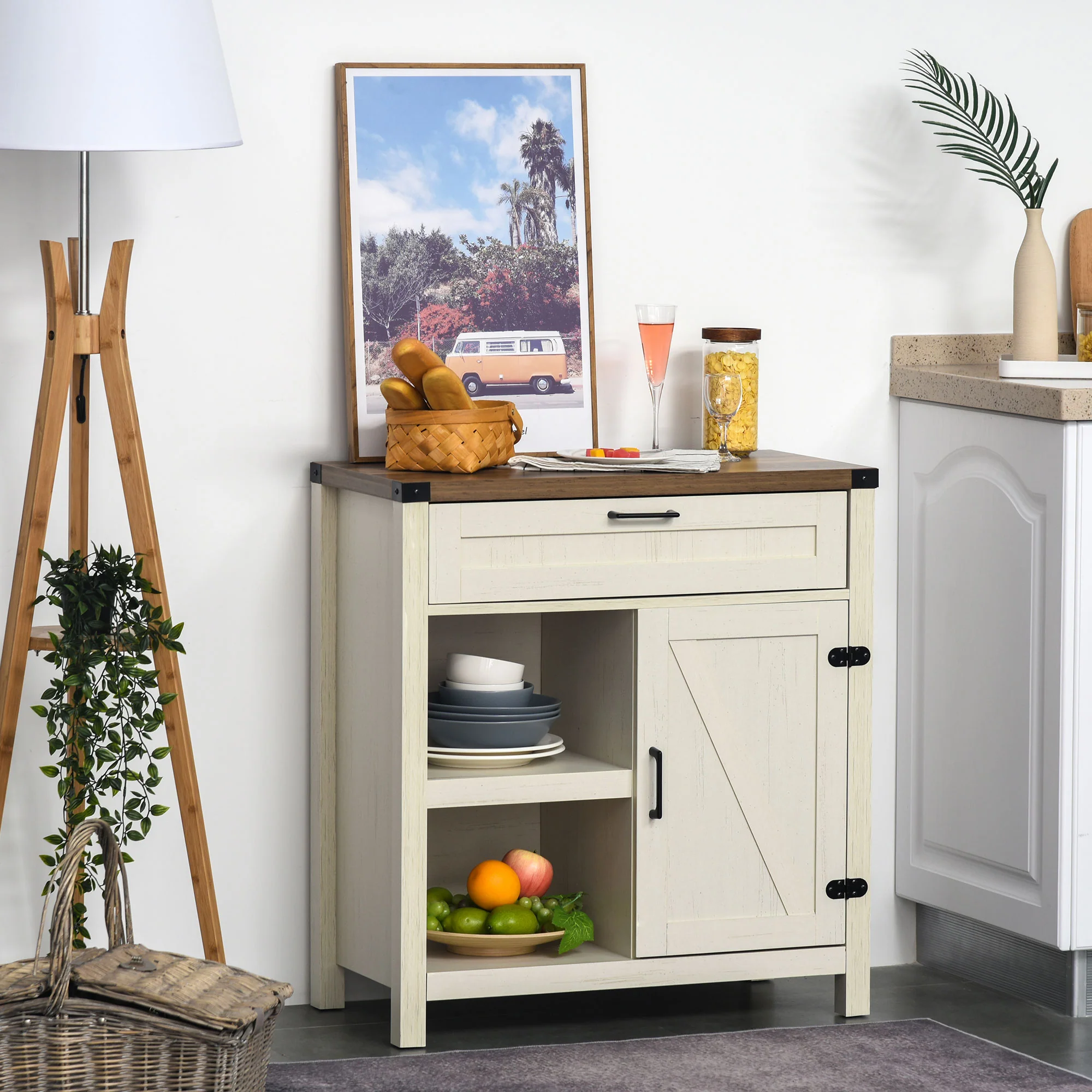 Farmhouse Sideboard with Rustic Barn Door & Drawer, White - Image 9