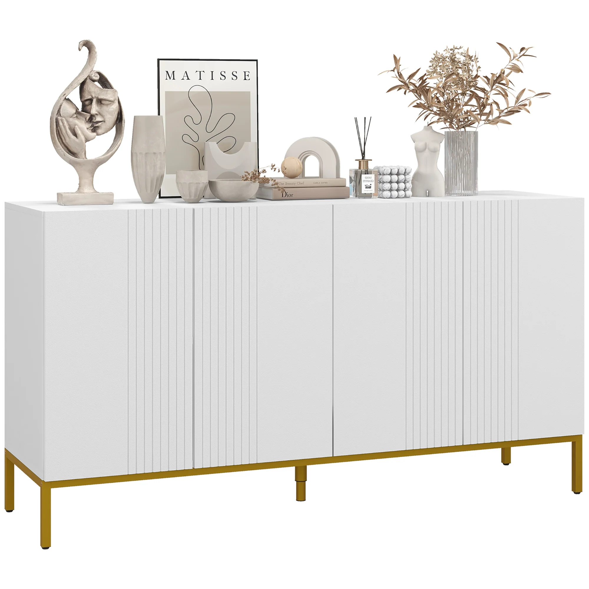Modern Sideboard with Soft-Close Doors Adjustable Shelves & Gold Legs, White