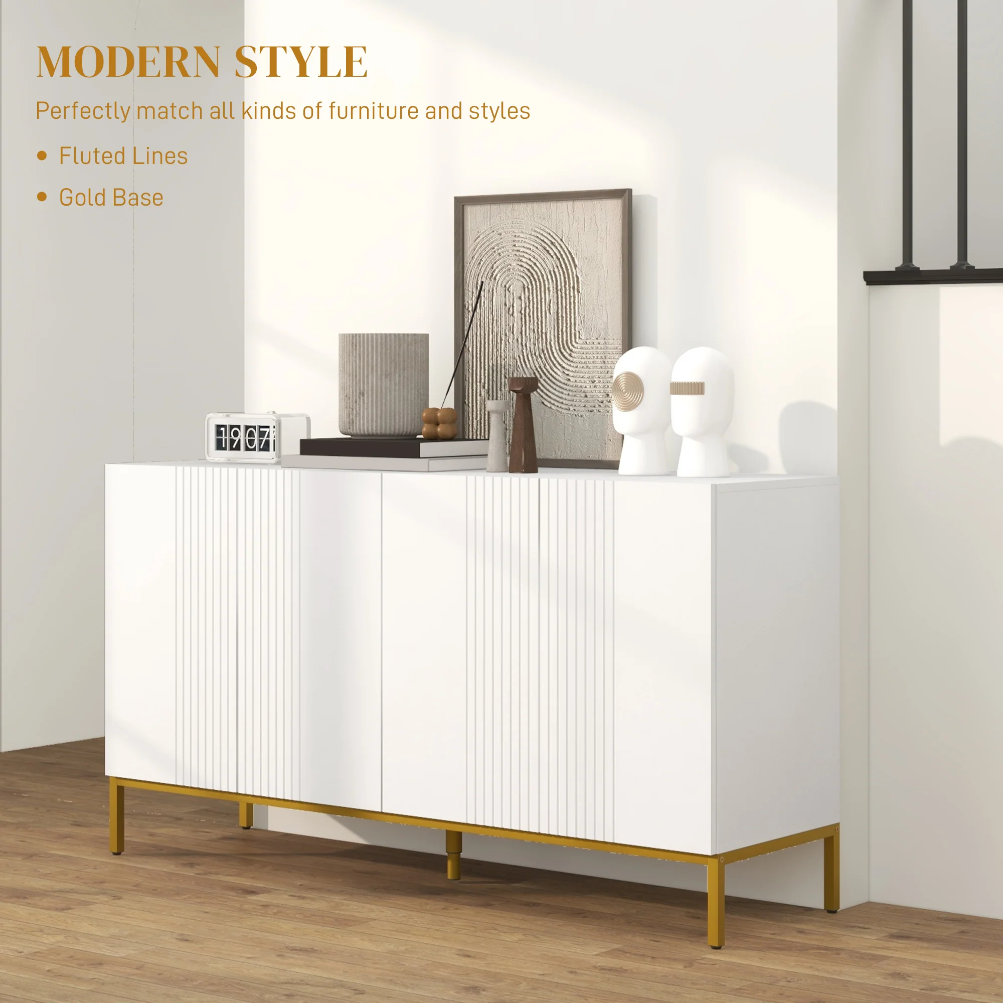 Modern Sideboard with Soft-Close Doors Adjustable Shelves & Gold Legs, White - Image 6