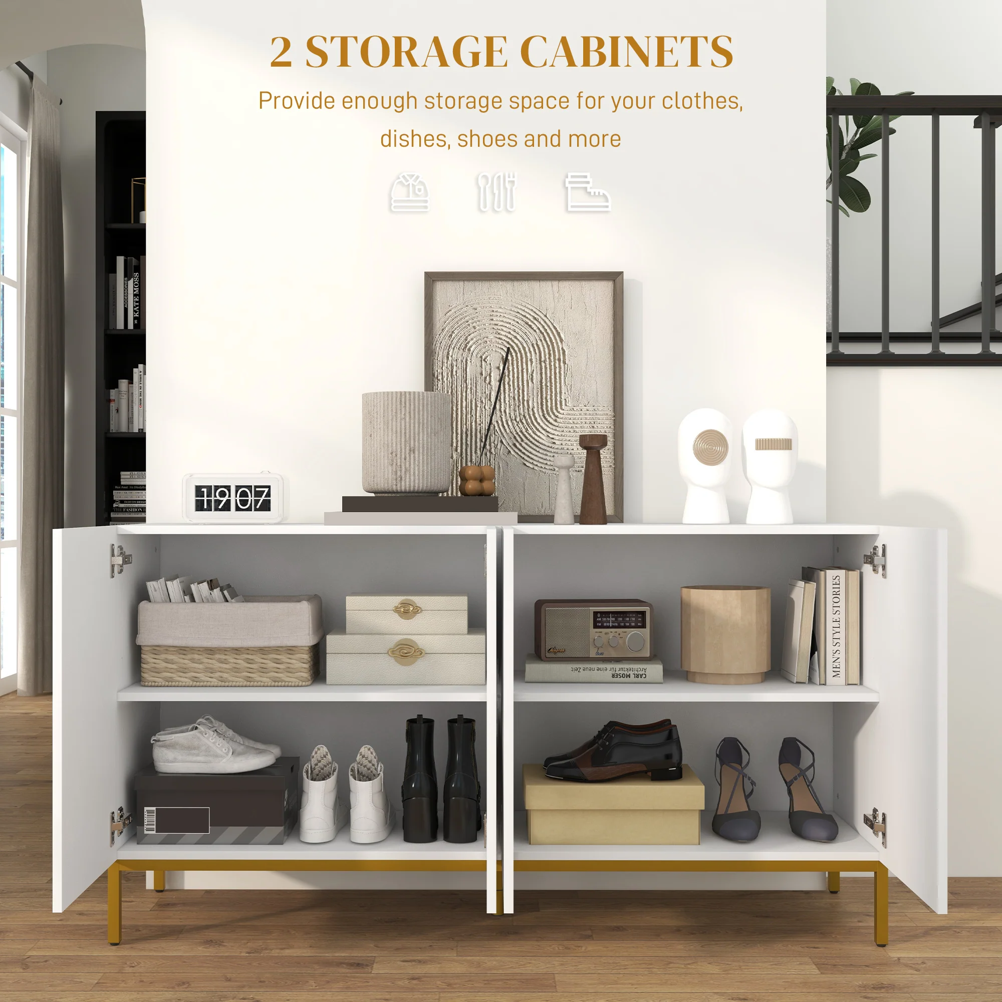 Modern Sideboard with Soft-Close Doors Adjustable Shelves & Gold Legs, White - Image 7