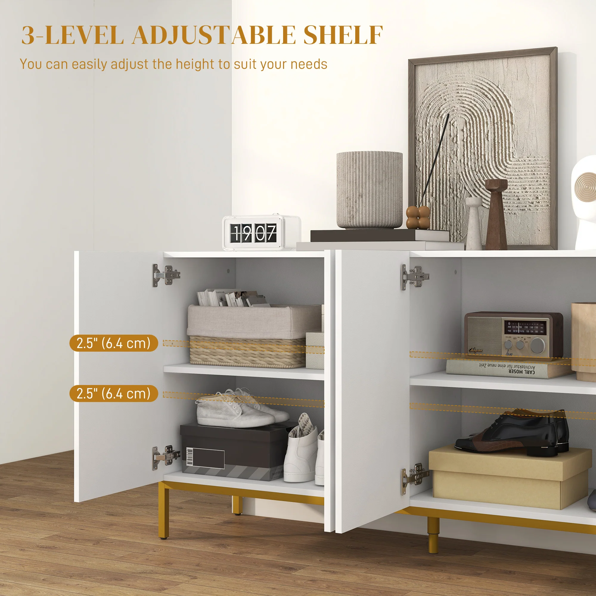 Modern Sideboard with Soft-Close Doors Adjustable Shelves & Gold Legs, White - Image 8