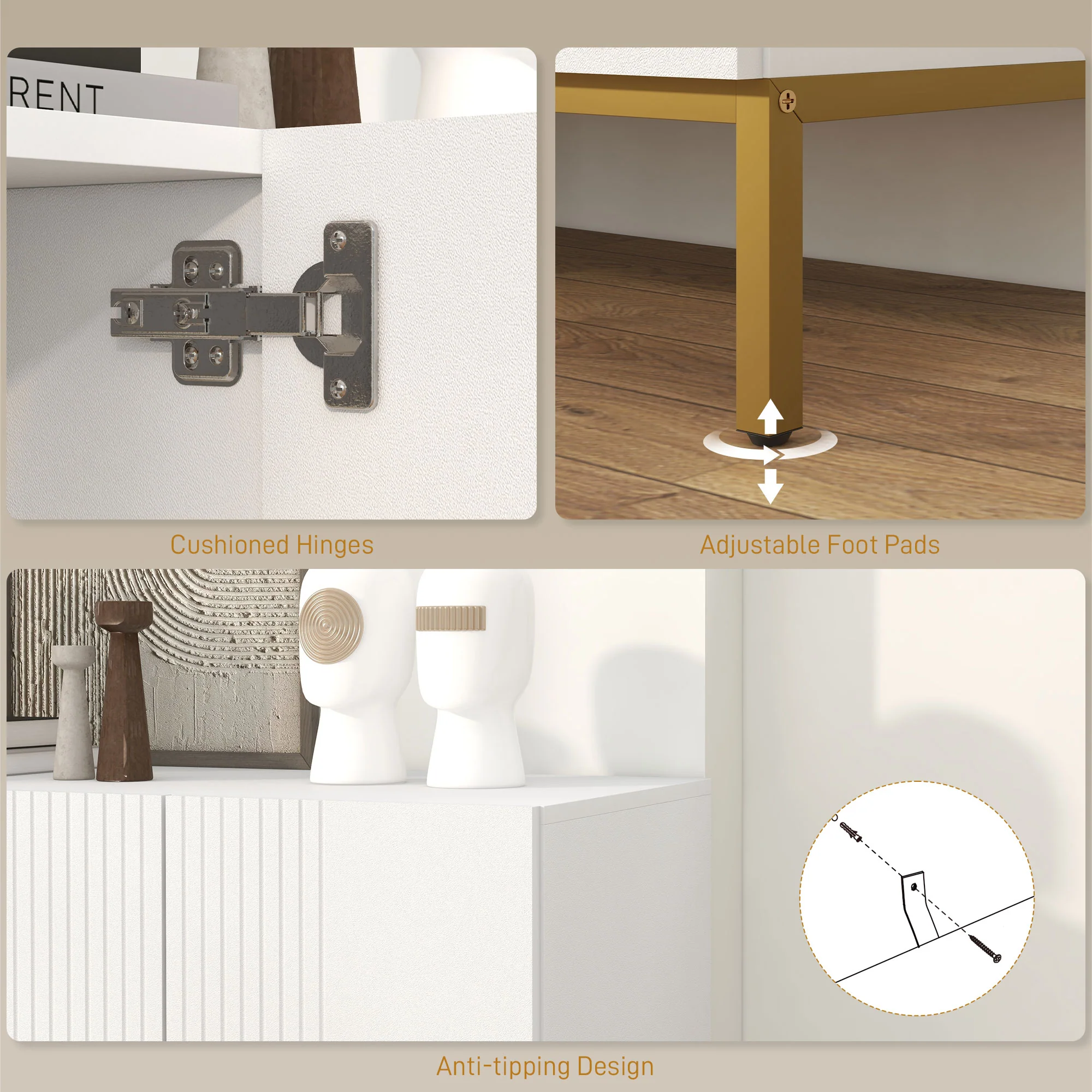 Modern Sideboard with Soft-Close Doors Adjustable Shelves & Gold Legs, White - Image 9