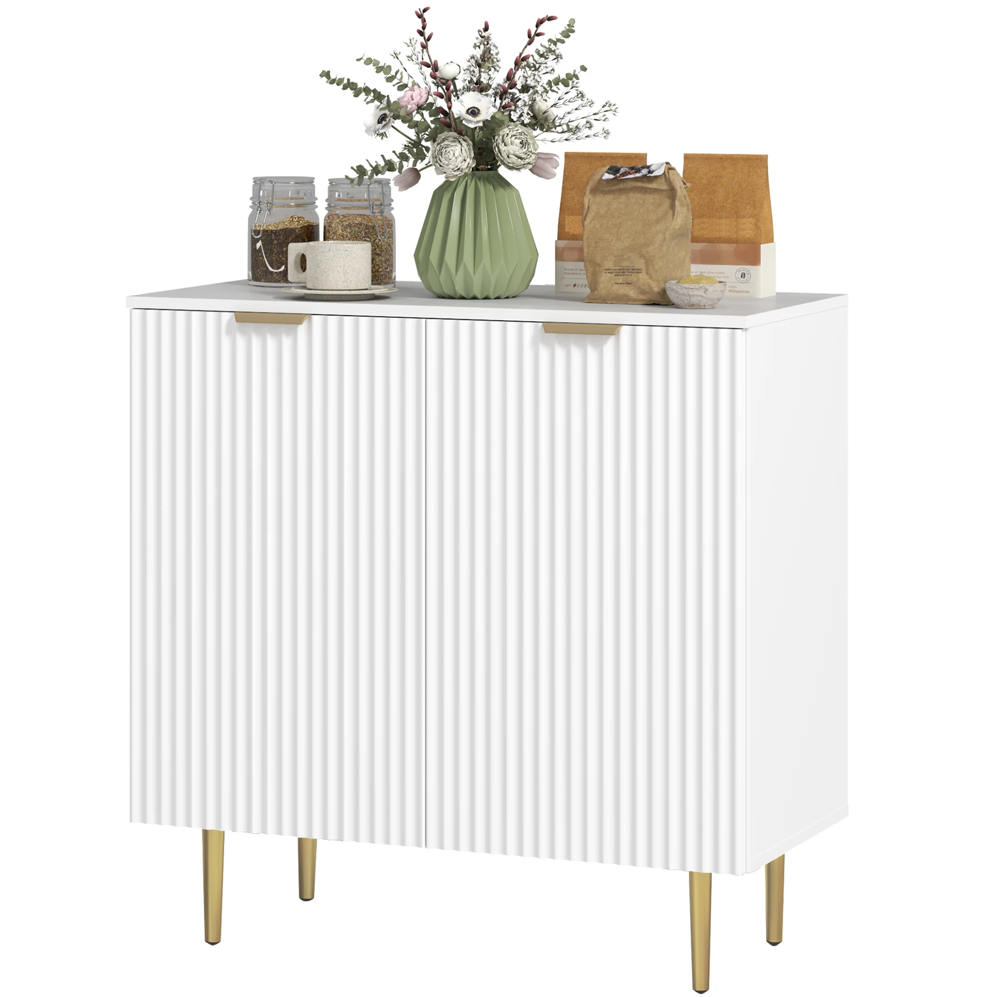 Modern Fluted Sideboard Cabinet with 2 Doors & Metal Legs, White - Image 2