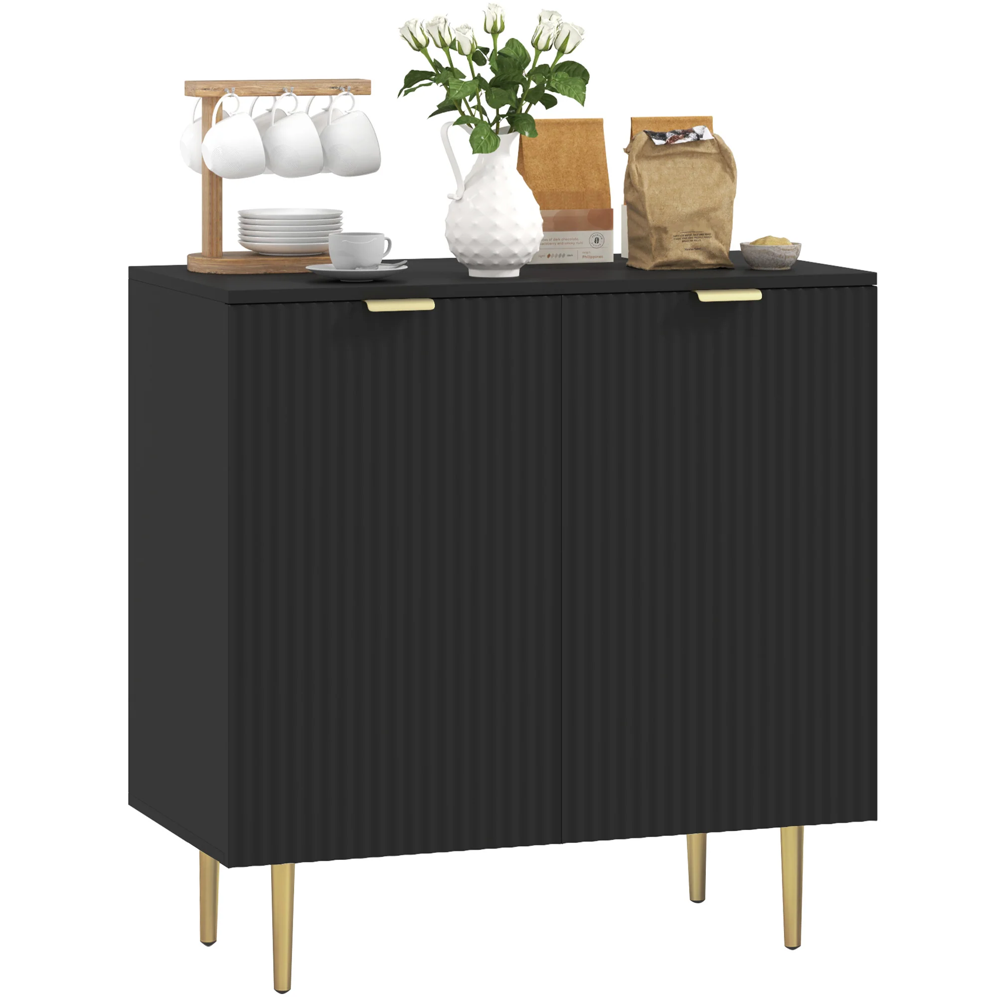 Modern Fluted Sideboard Cabinet with 2 Doors & Metal Legs, Black