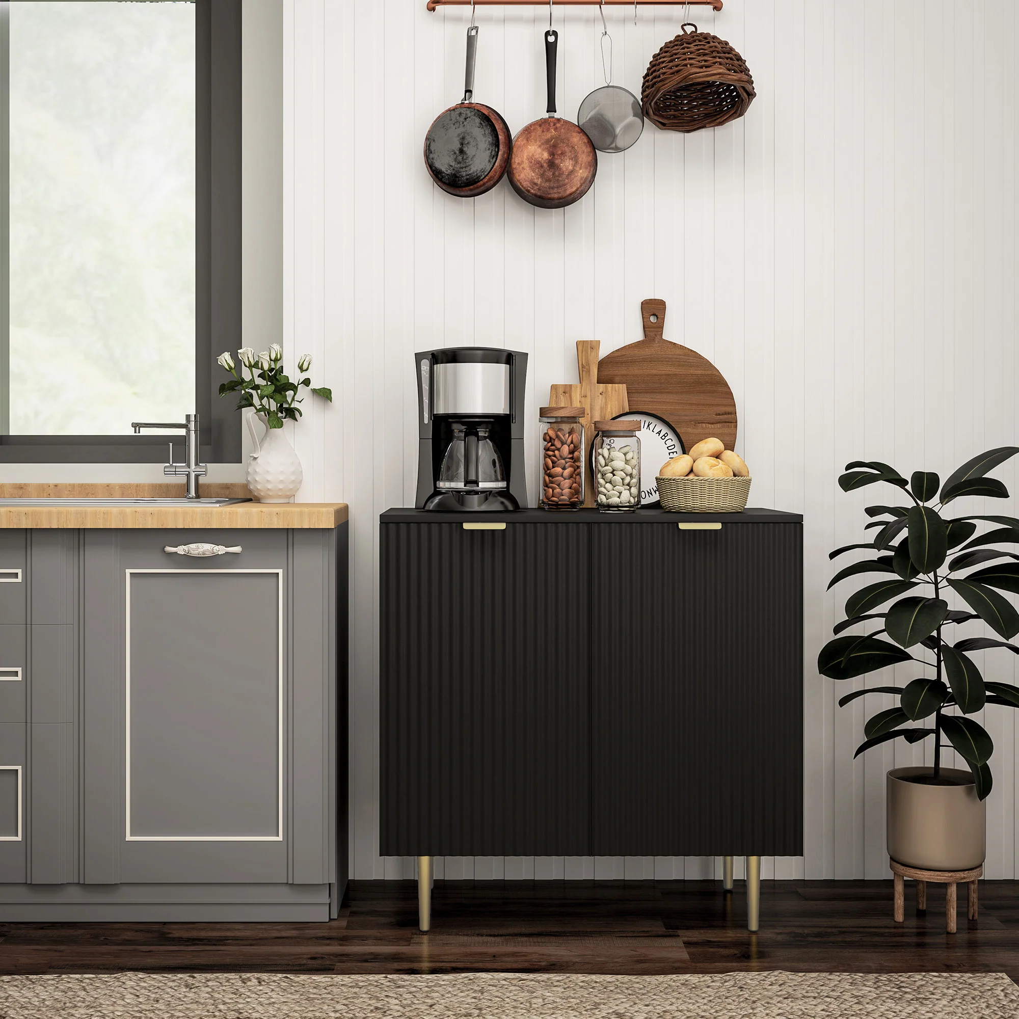 Modern Fluted Sideboard Cabinet with 2 Doors & Metal Legs, Black - Image 3