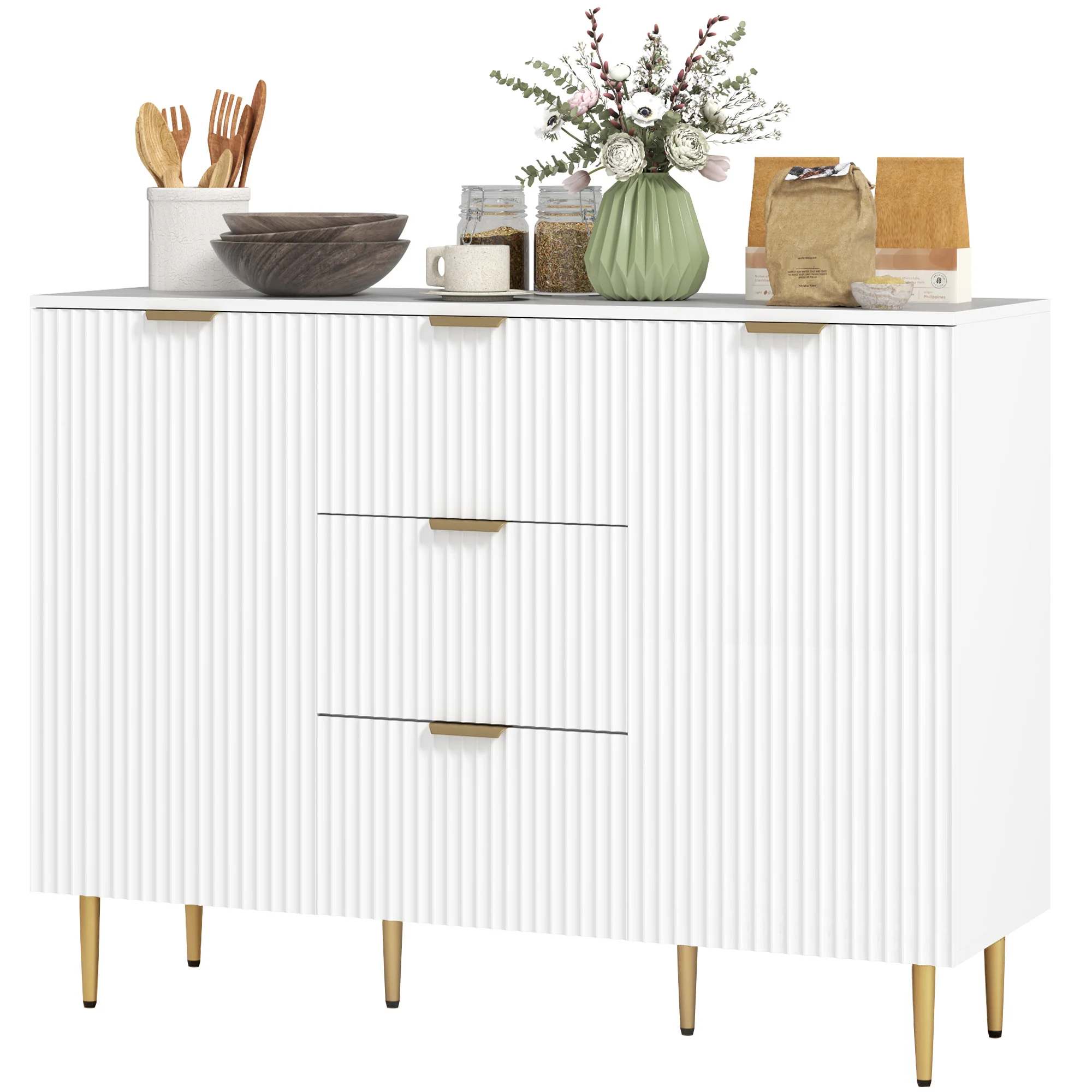 Modern Fluted Sideboard Cabinet with 3 Drawers & Metal Legs, White - Image 2