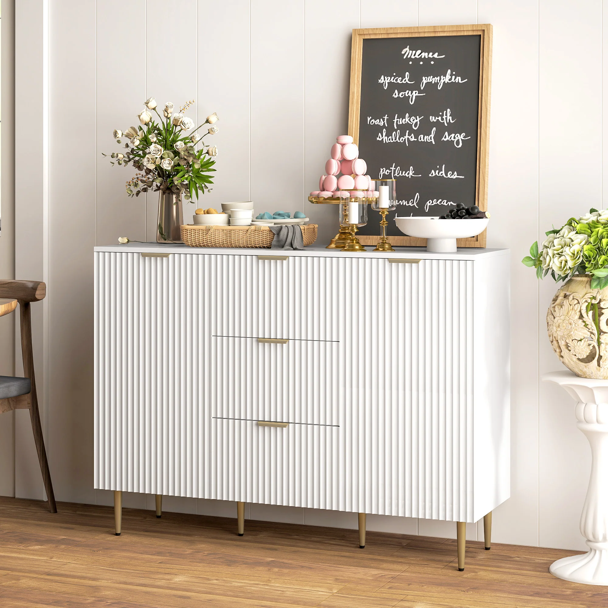 Modern Fluted Sideboard Cabinet with 3 Drawers & Metal Legs, White - Image 3